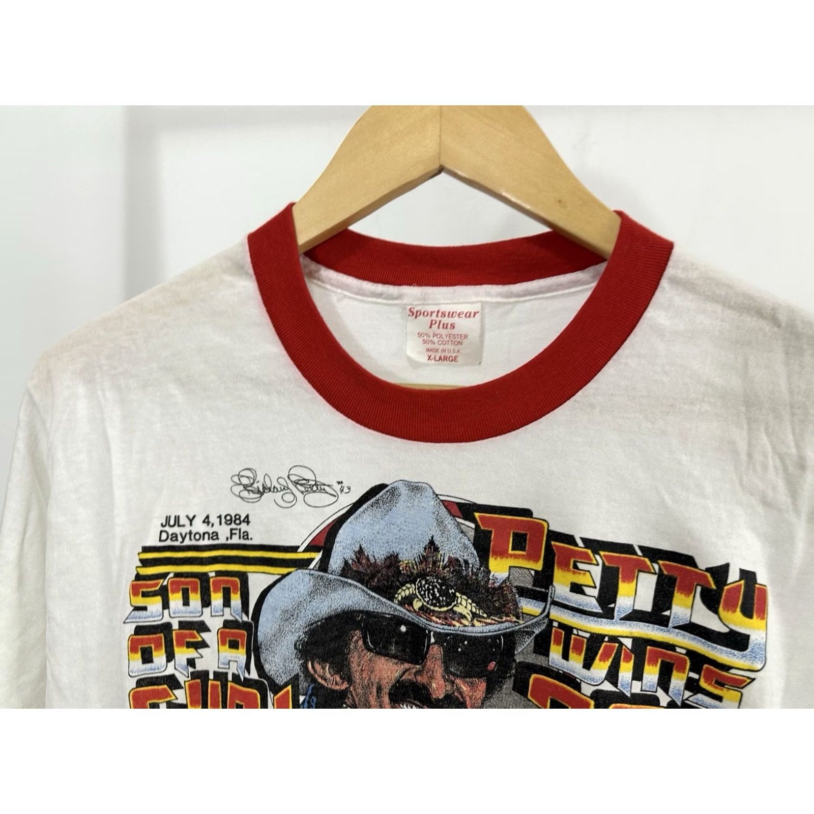 NASCAR VTG 80s Richard Petty Son Of A Gun Wins 200 Nascar Ringer T-Shirt XL White Nascar Racing Mens T-Shirt XL, White, Short Sleeve, Vintage Sportswear Plus Size US XL / EU 56 / 4 - 5 Thumbnail