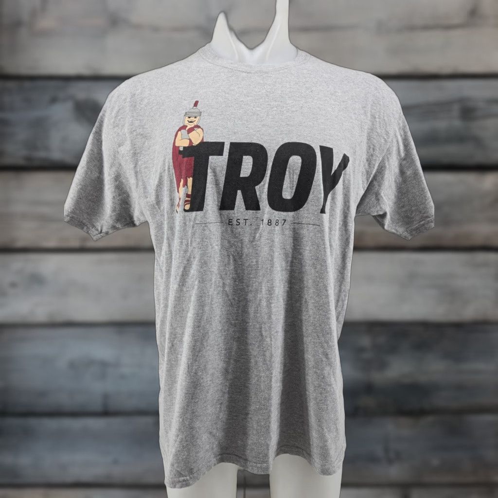 Fruit Of The Loom Troy University Trojans TU Cotton T Shirt Size Large Mens Gray Script Tee 30" Down Back Regular Fit Short Sleeve Size US L / EU 52-54 / 3 - 1 Thumbnail