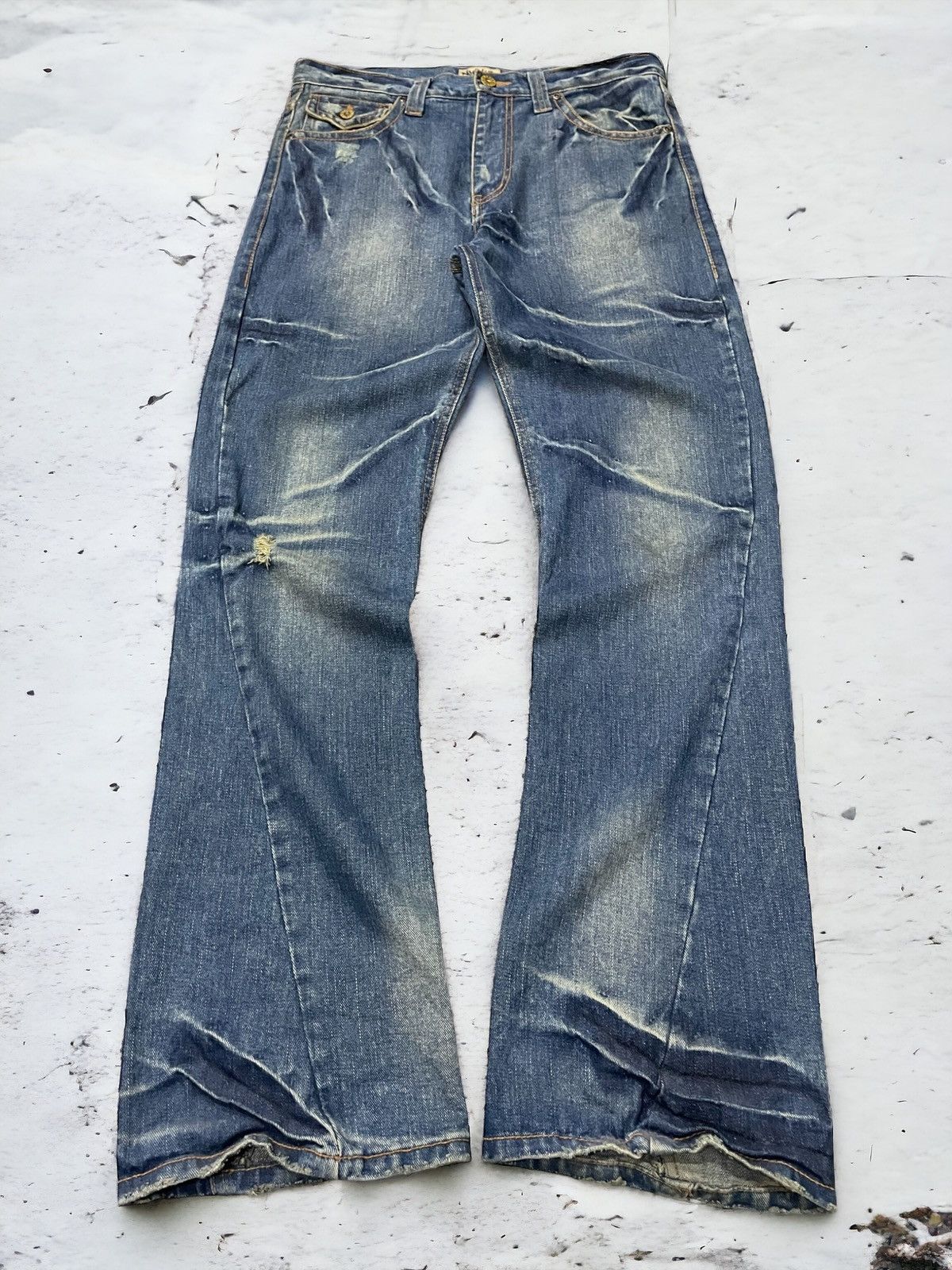 Pre-owned Hysteric Glamour X In The Attic Nylaus Japan Studded & Gems Claws Mark Spiral Flare Jeans In Blue Wash