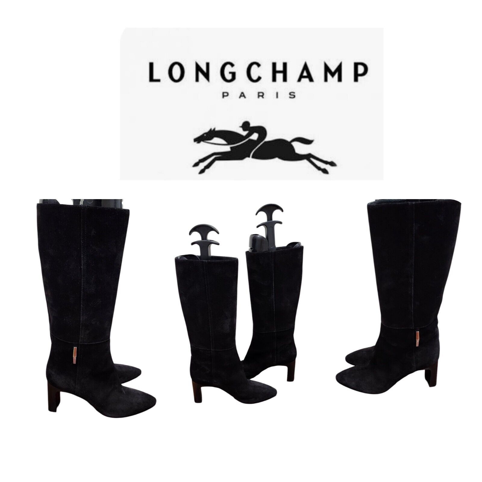 Longchamp Longchamp Roseau Heeled boots Black suede leather Bamboo Size US 7.5 / IT 37.5 - 1 Thumbnail