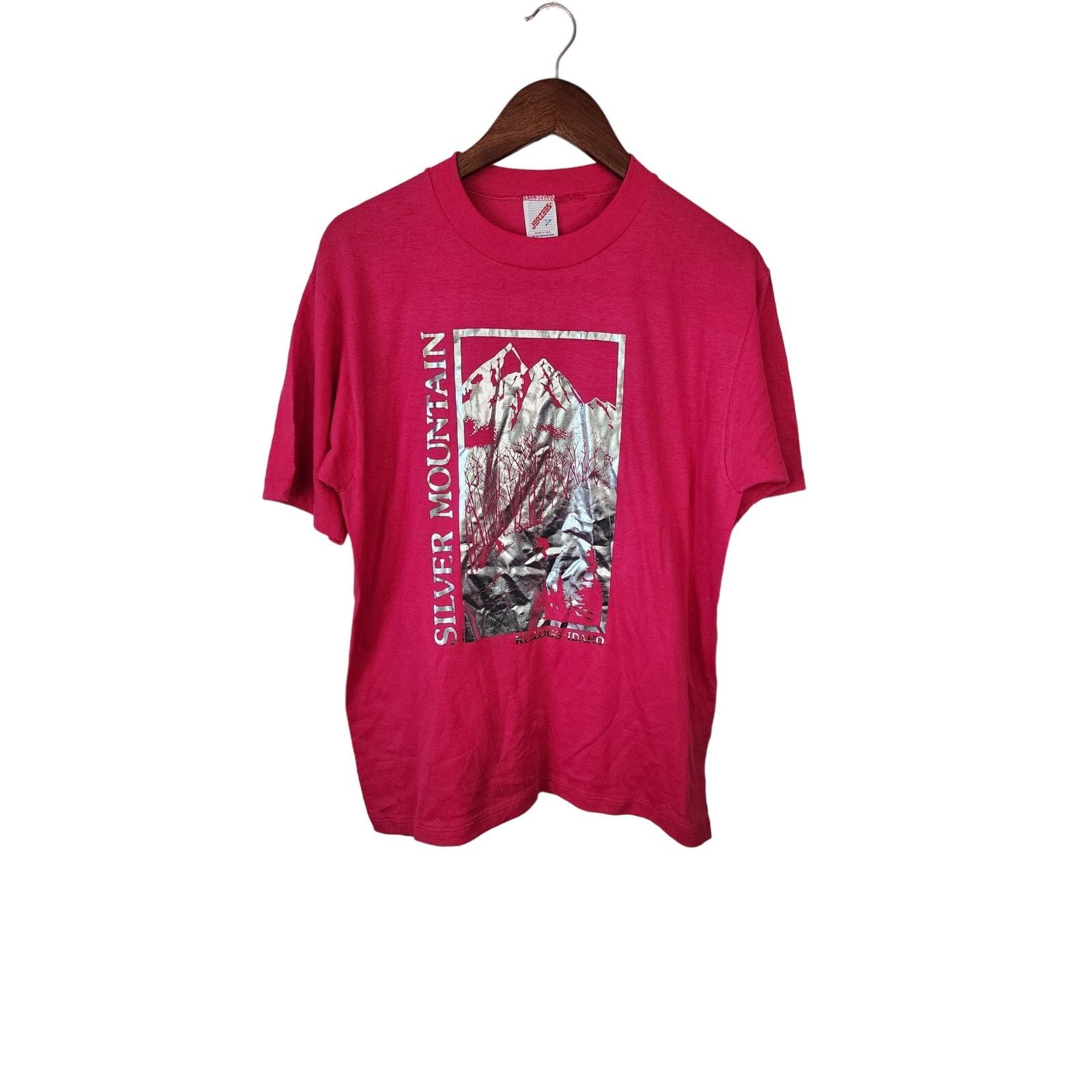 Jerzees Vintage Silver Mountain Shirt Pink Nature Test Print VTG 90s Size US L / EU 52-54 / 3 - 1 Thumbnail
