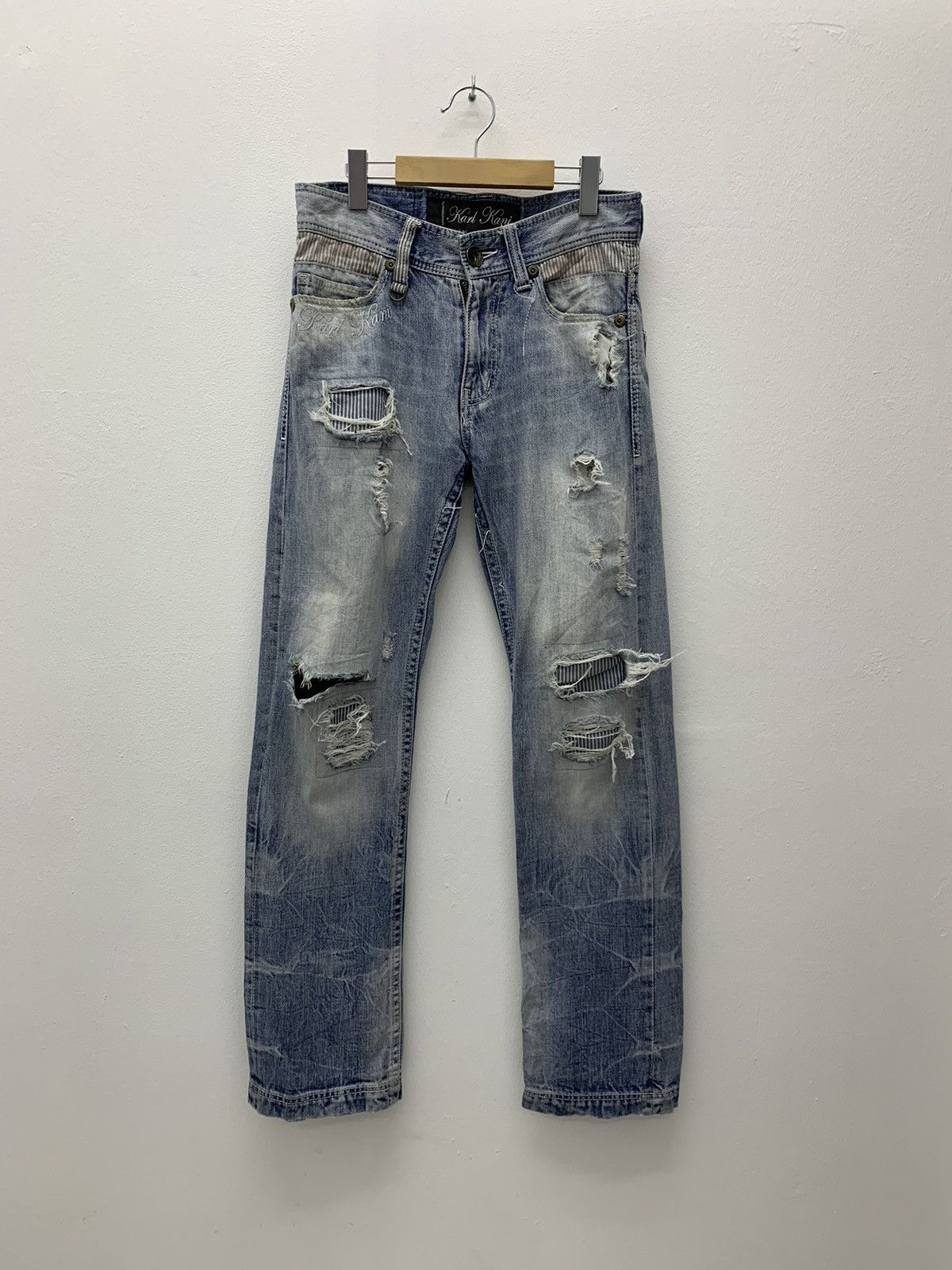 image of Distressed Denim x Karl Kani Vintage Karl Kani Distressed Patchwork Denim Jeans Pant in Blue (Size 