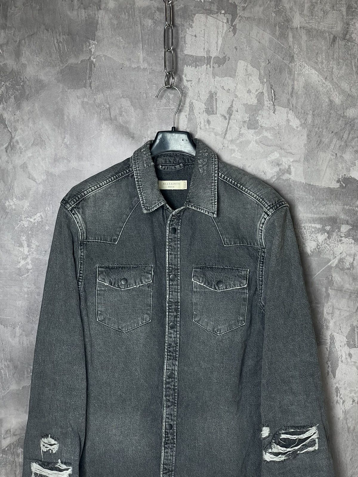 Allsaints AllSaints Denim Distressed Faded Grey Y2K overshirt buttonup Size US M / EU 48-50 / 2 - 2 Thumbnail