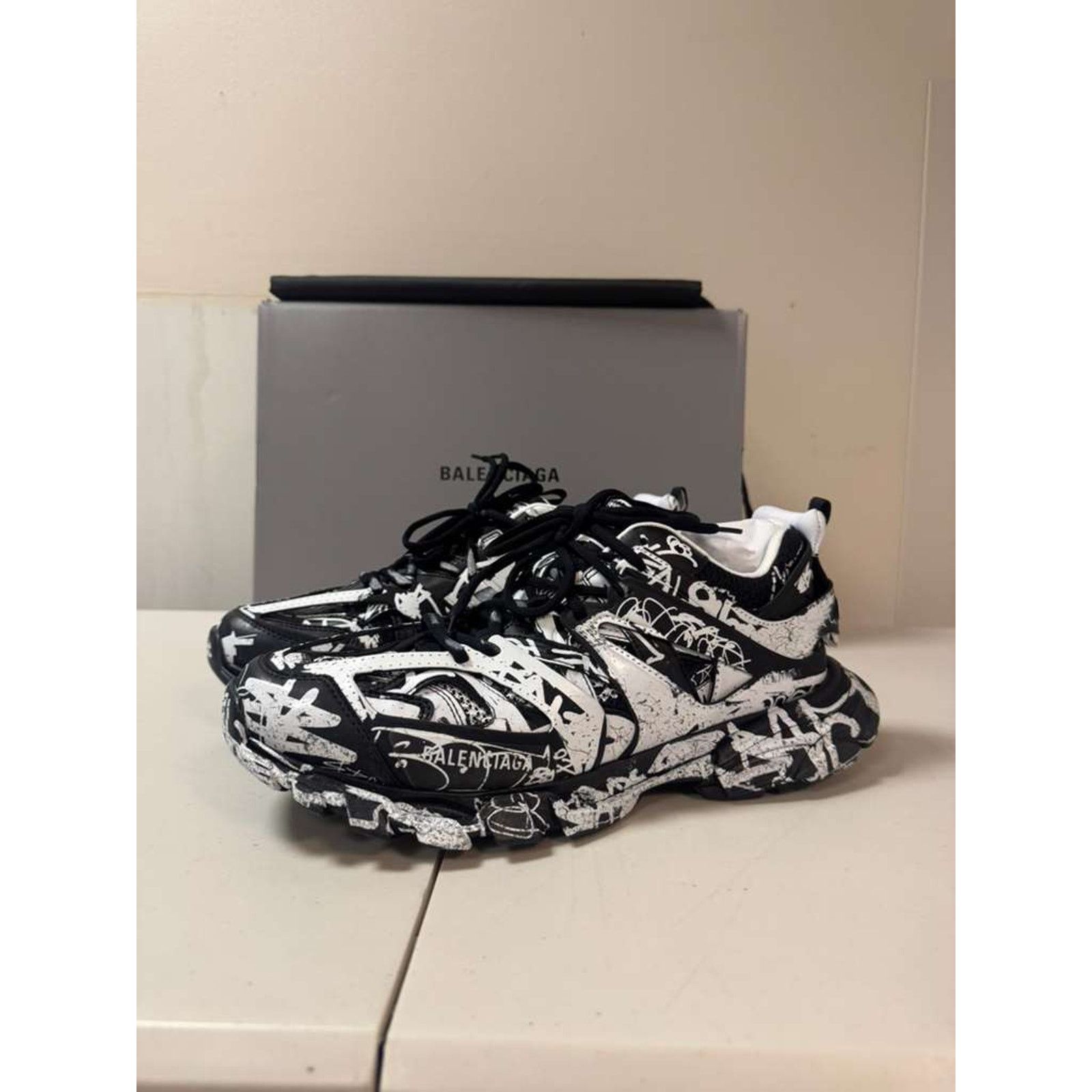 Balenciaga o1rshd1 Graffiti DirtyTrack Sneakers in Black/White Size US 12 / EU 45 - 1 Thumbnail