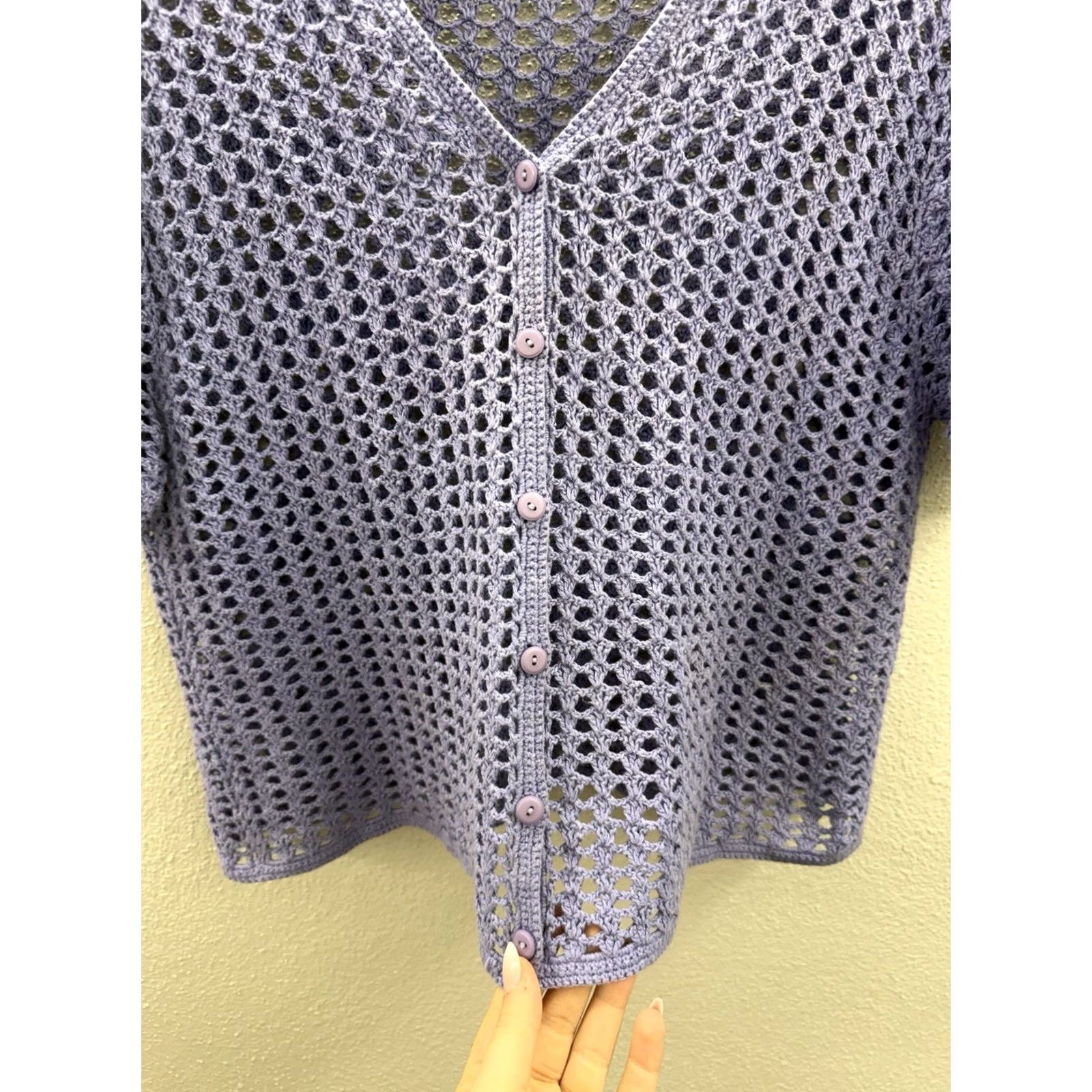 Vintage Norton McNaughton Womens Sweater Large Purple Button Up Short Sleeve Open Knit Blouse Shirt V-Neck Knit Casual Lightweight Regular Womens XS-XL Size L / US 10 / IT 46 - 3 Thumbnail