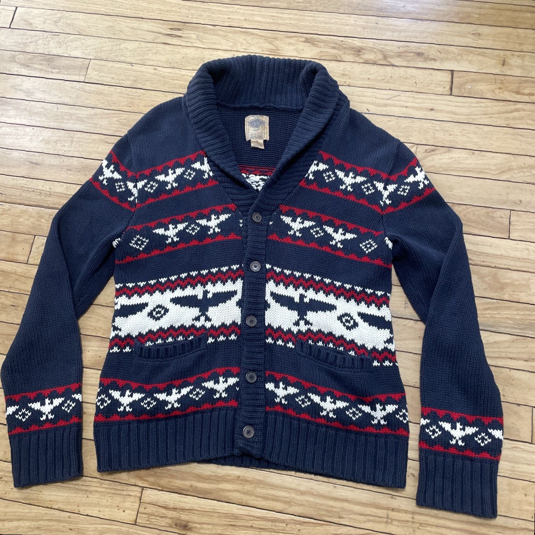 Vintage Salt Valley Cardigan Sweater L Blue Red White Cotton Knit Shawl Collar Casual Mens 90s Lebowski Aztec Fair Isle Pockets Size US L / EU 52-54 / 3 - 3 Thumbnail