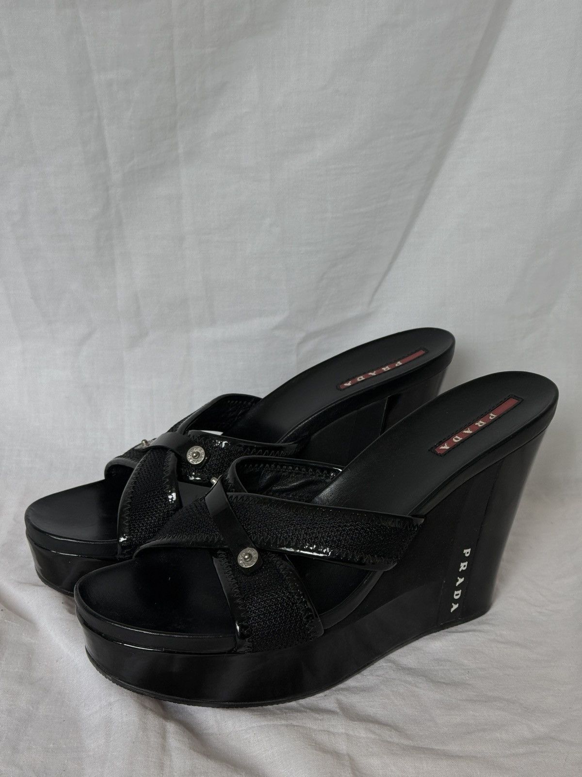 Prada Prada Black Leather Straps Wedges Sandals Size US 8.5 / IT 38.5 - 2 Thumbnail