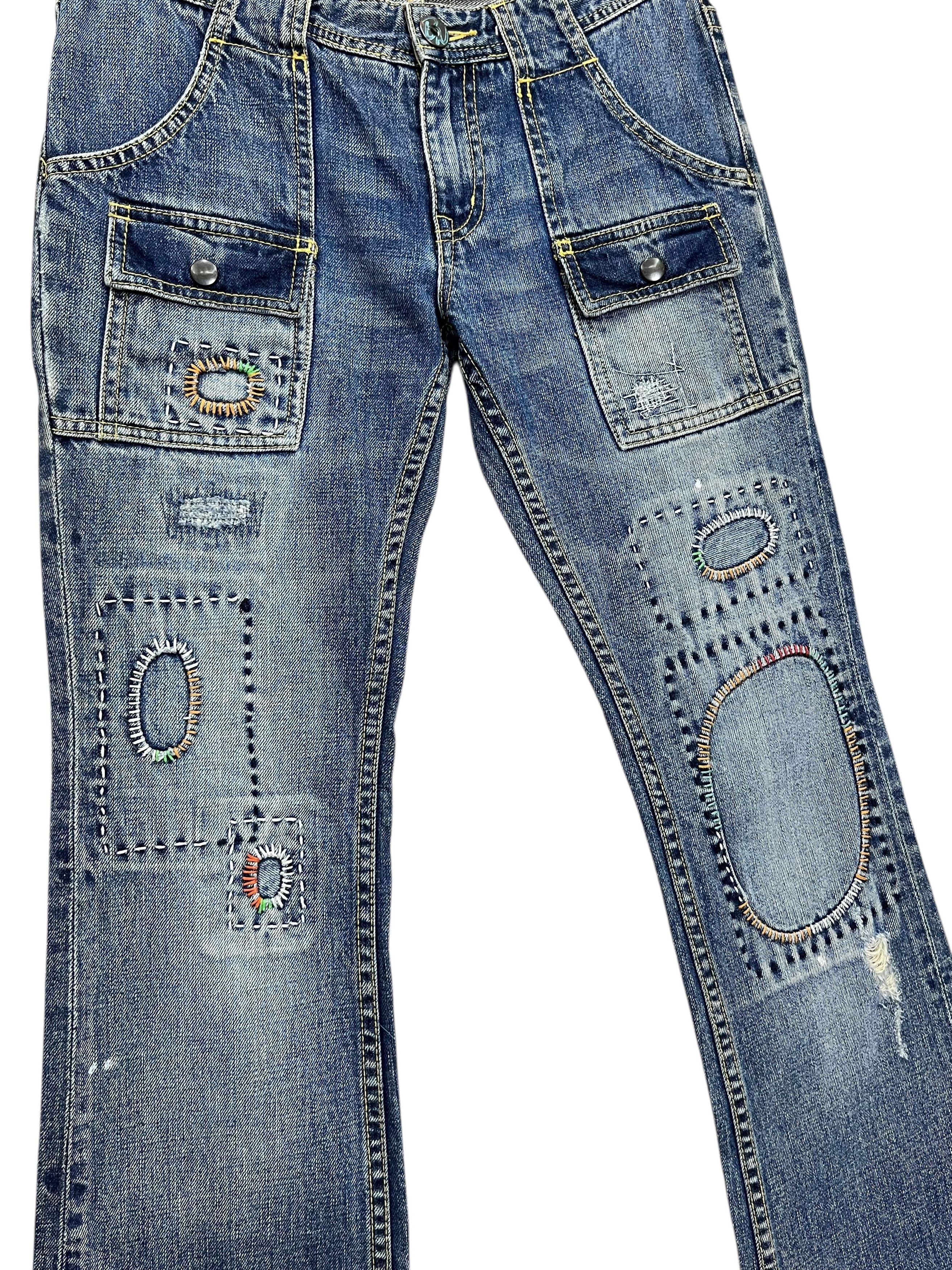 Japanese Brand FYE🔥Vtg BACK NUMBER Art Patchwork Sashiko Style Bush Flare Size 28" / US 6 / IT 42 - 4 Thumbnail