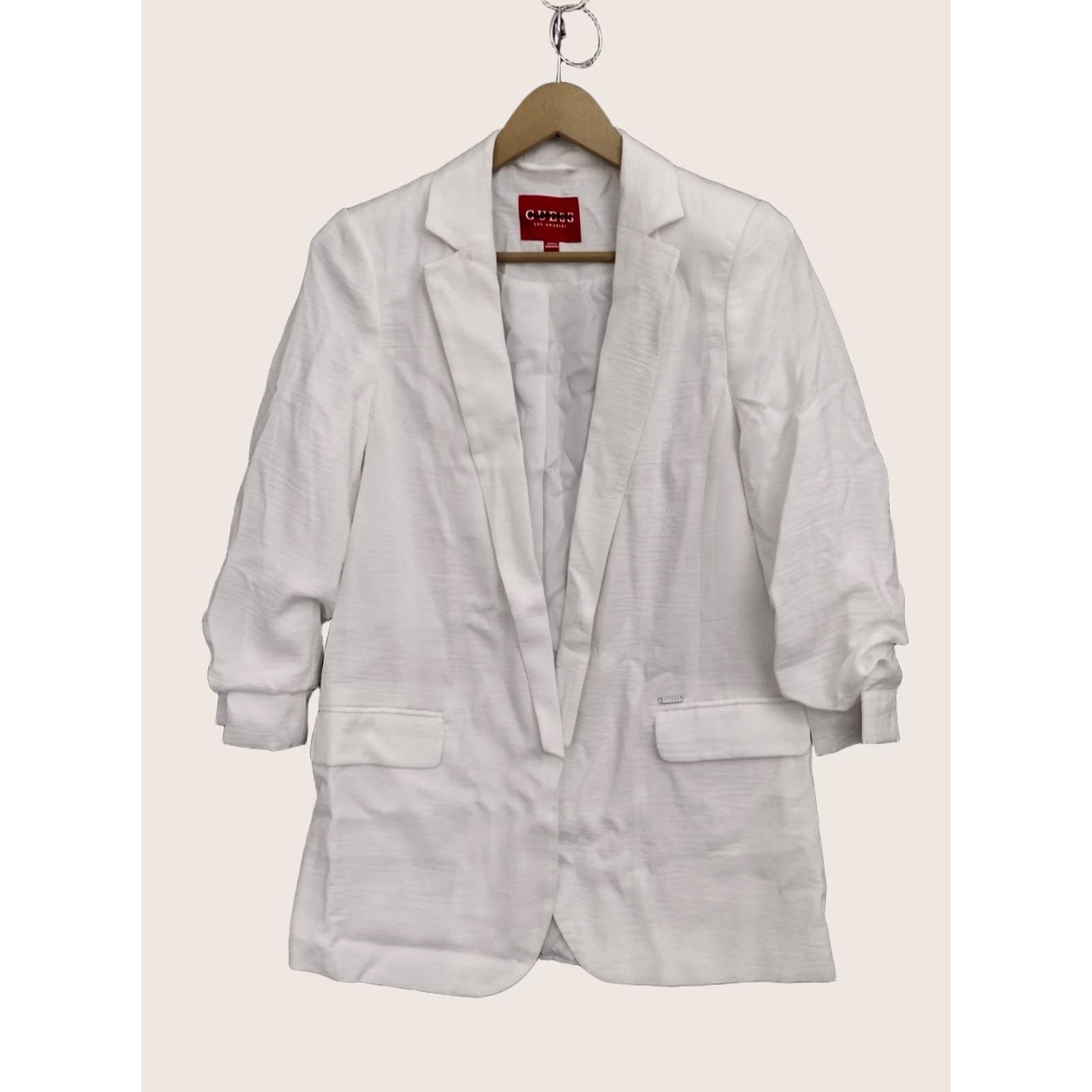 Guess GUESS Blazer Shirt Womens Ivory 3/4 Sleeve Cotton Blend Mid-Length Solid Front Pockets Jacket, Casual, Regular Fit, Size S, Designer, Ivory, Women Size S / US 4 / IT 40 - 1 Thumbnail