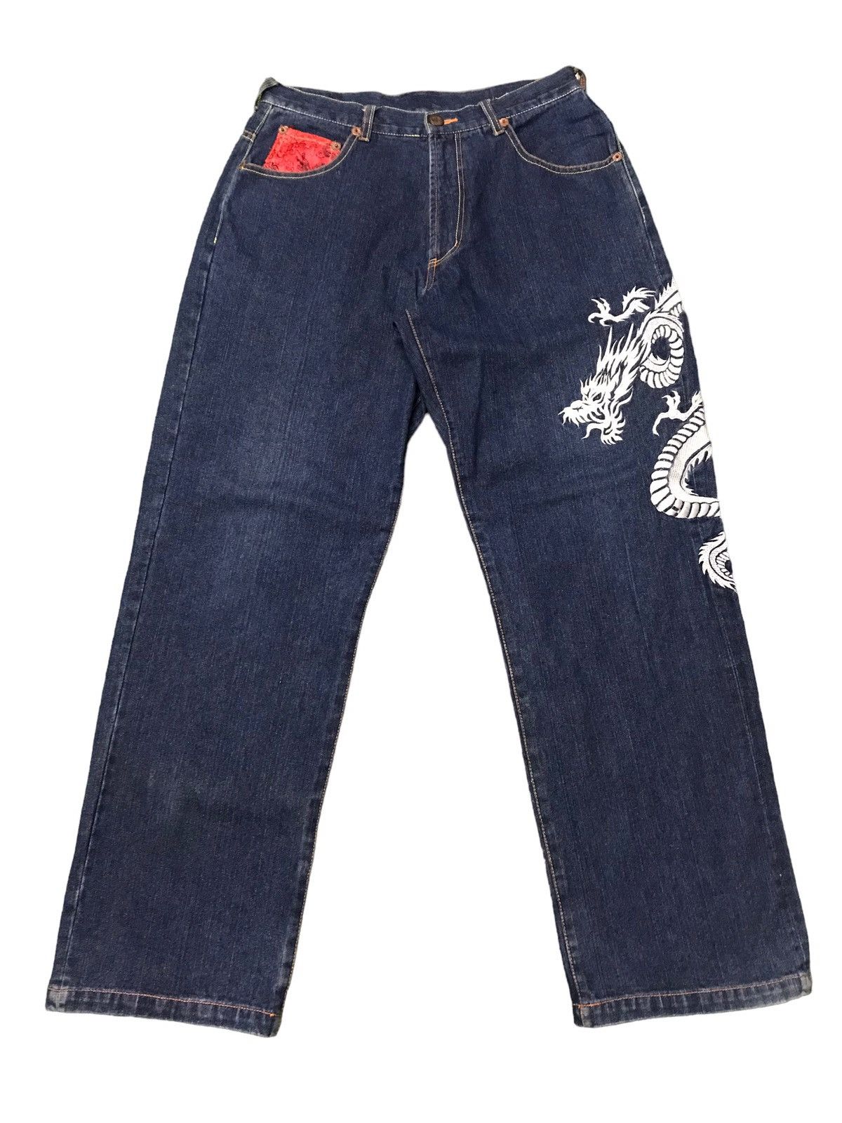 image of Dogtown Black Dragon Embroidery Skateboard Baggy Jeans in Indigo, Men's (Size 32)