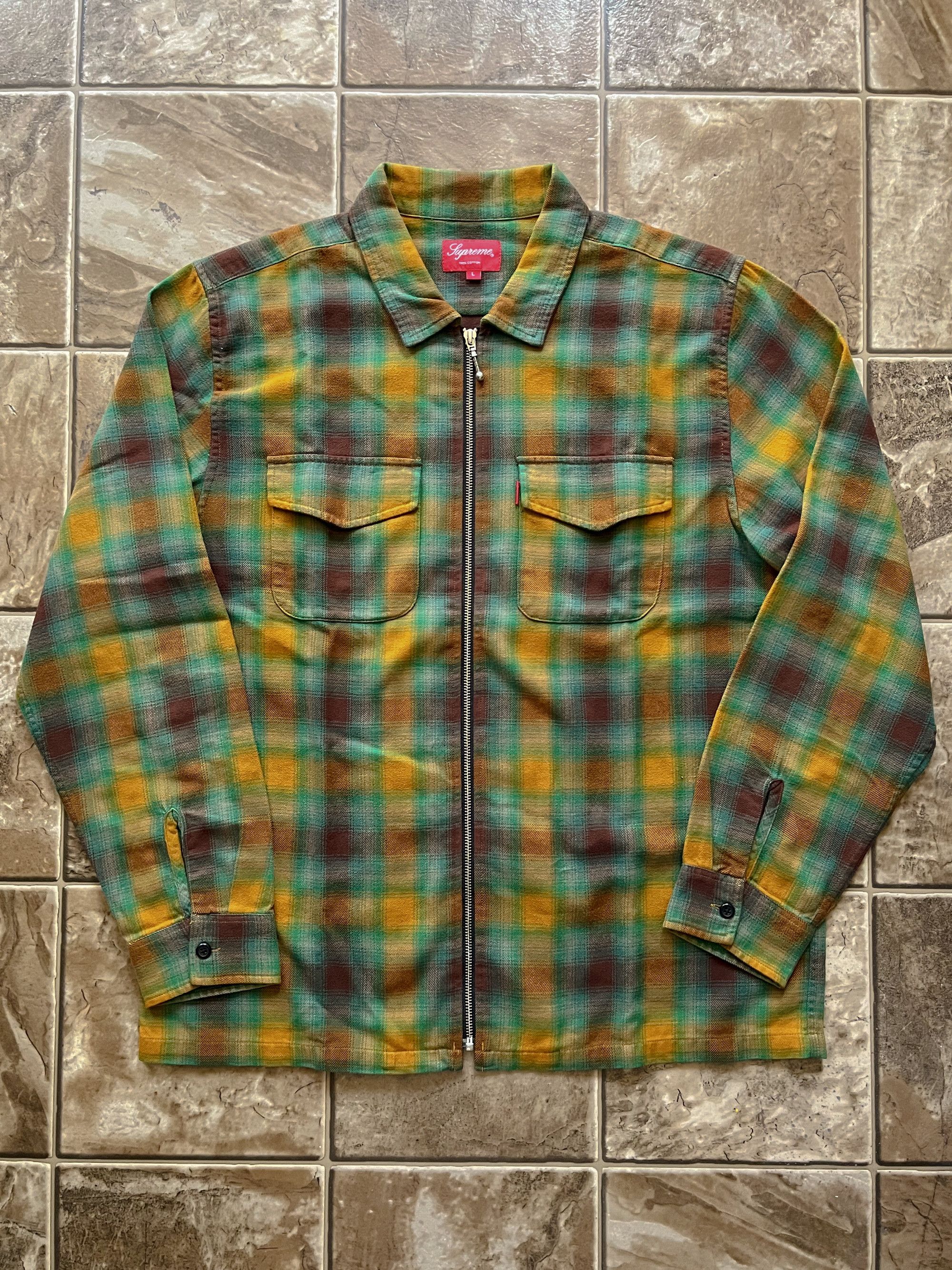 Supreme Supreme Shadow Plaid Flannel Zip Shirt Green F/W 2015 | Grailed