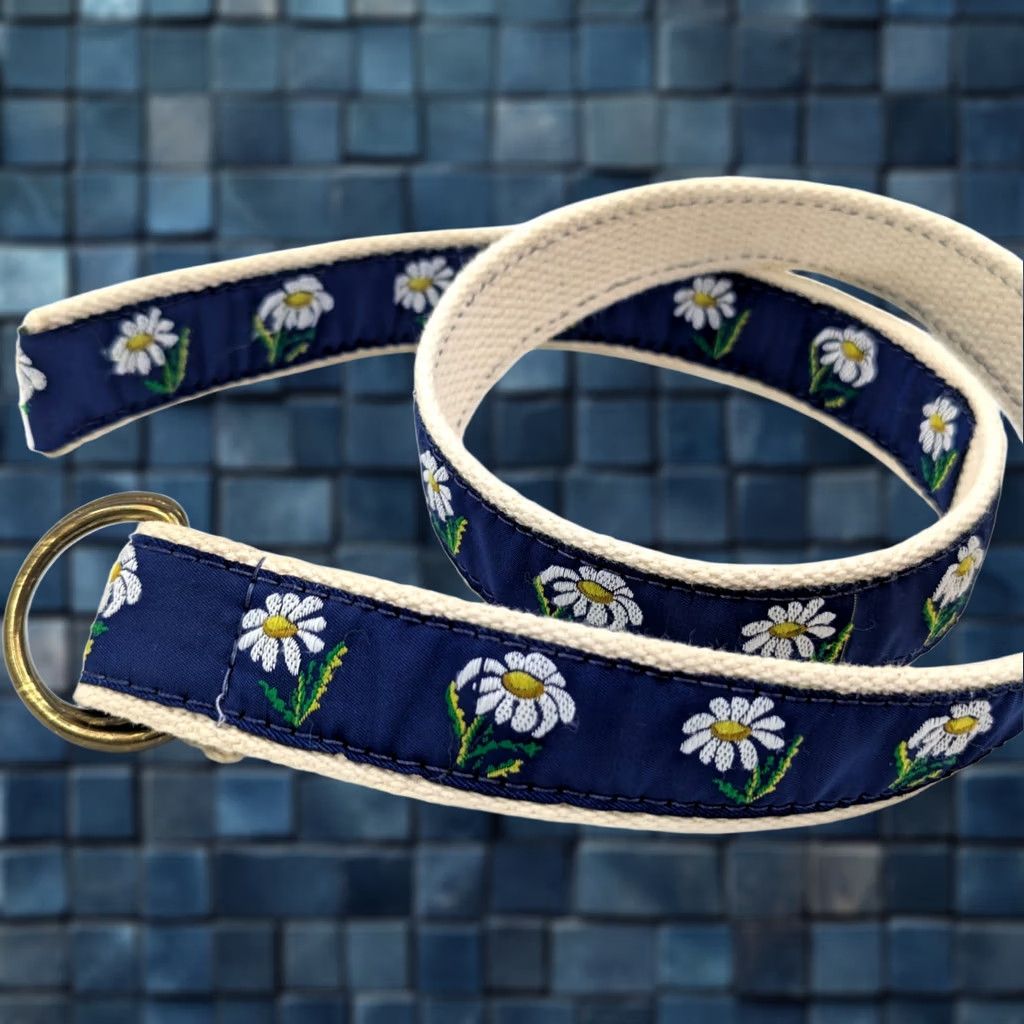 Vintage Leather Man Floral Embroidered Canvas Belt 35" Long Adjustable Buckle Blue Unisex Adults Size 34 - 1 Thumbnail