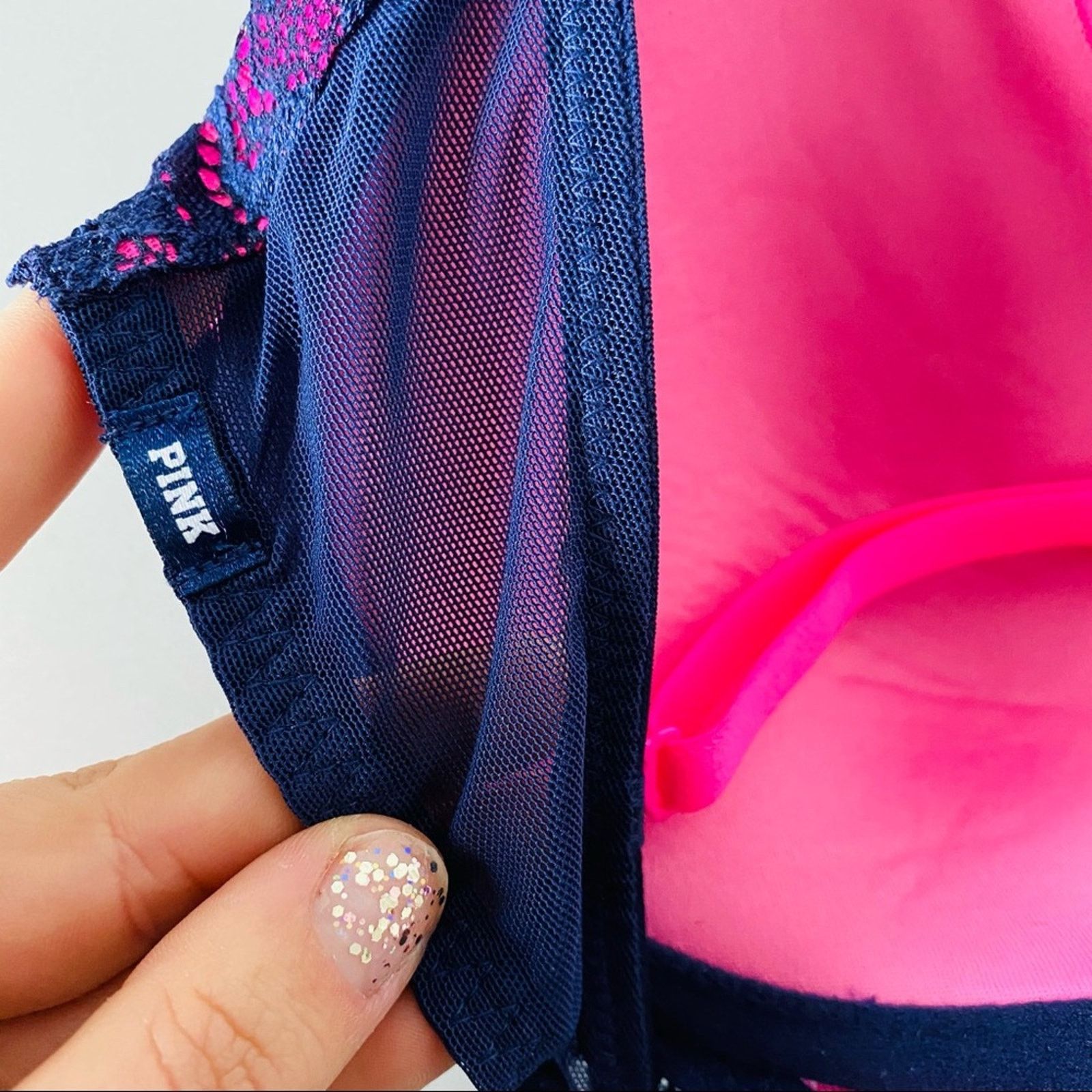 NEW VS VICTORIAS SECRET Hot Pink Navy Blue Lace Bra 32D