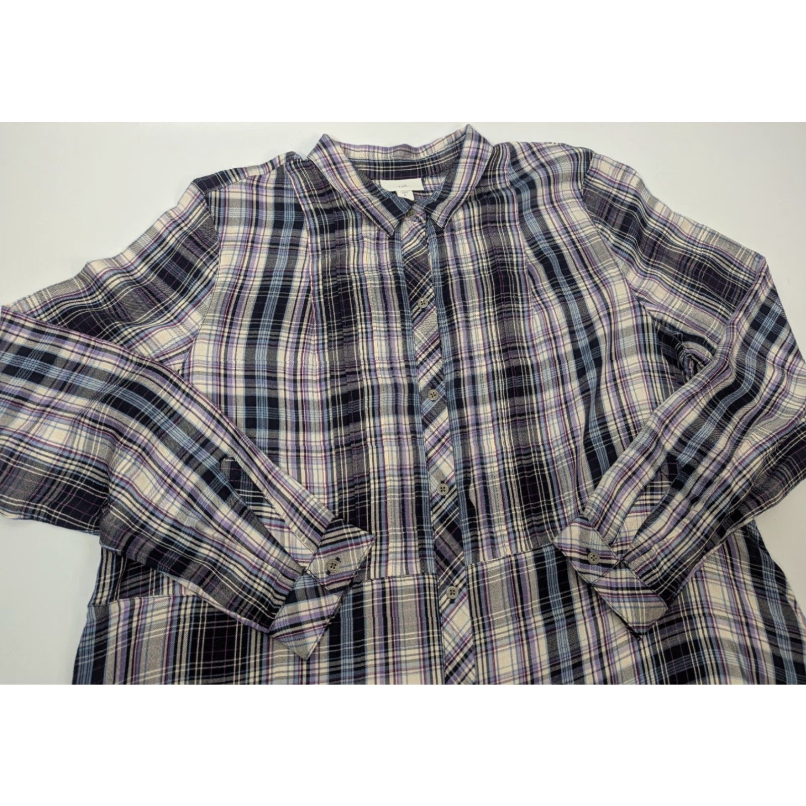 J. Jill J. Jill Tunic Shirt XL Black Purple Button Up Long Sleeve Boho Soft Summer Rayon Size XL / US 12-14 / IT 48-50 - 2 Thumbnail