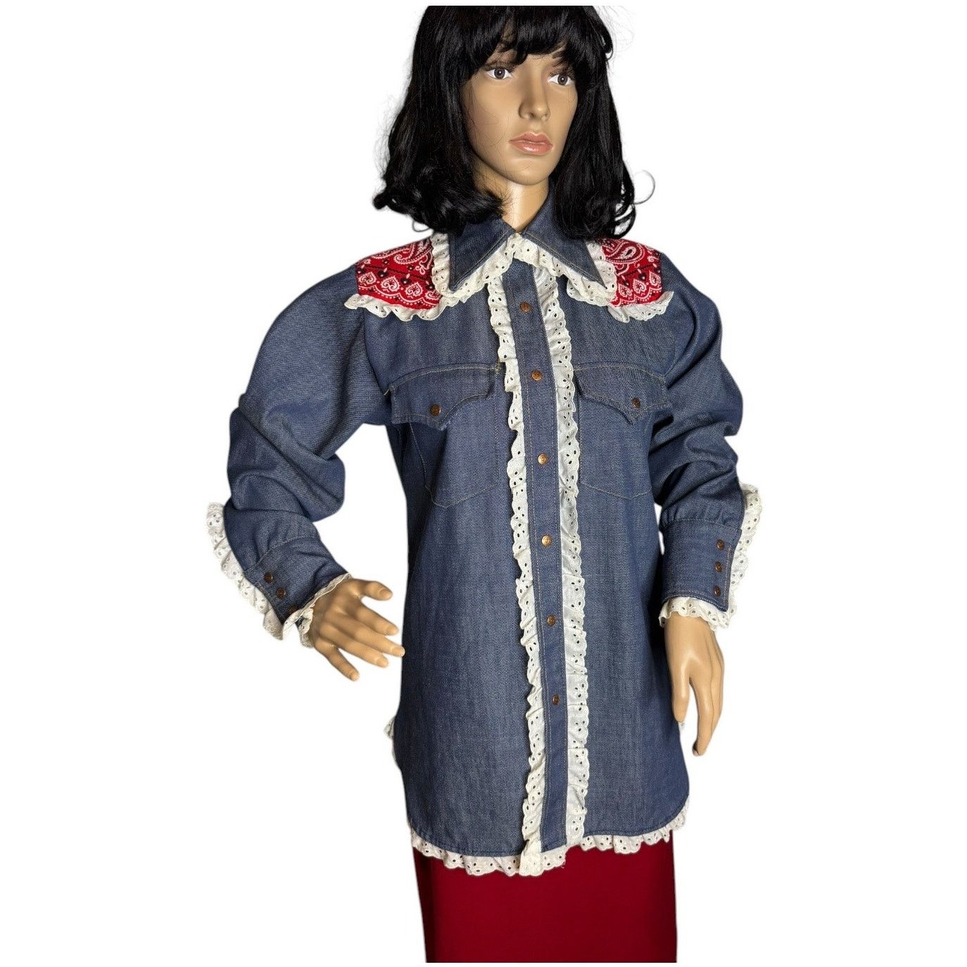 Vintage Vtg Bar C authentic western denim shirt dagger collar eyelet Size M / US 6-8 / IT 42-44 - 16 Thumbnail