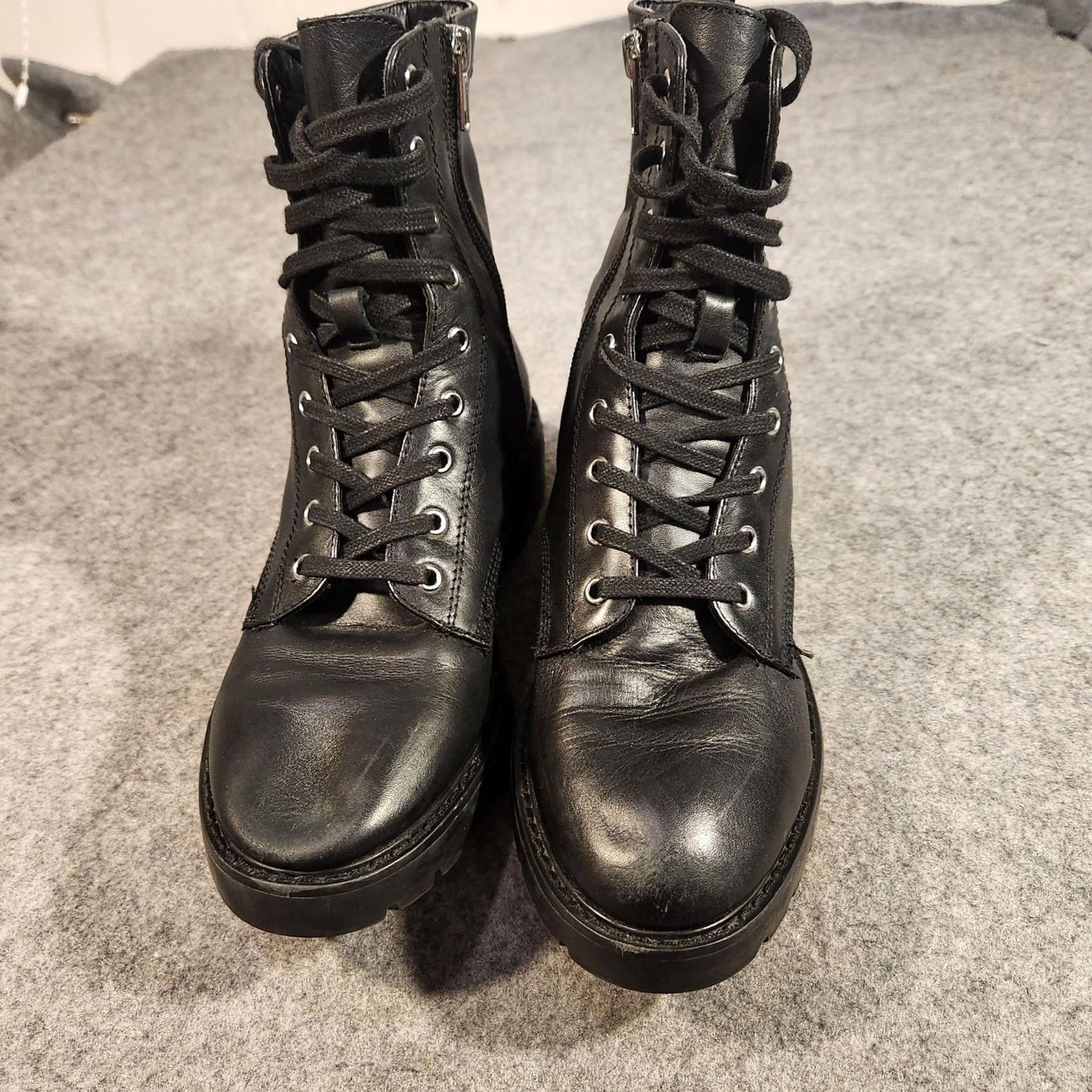 Steve Madden Steve Madden Grid Boots Womens 8 Black Ankle Combat Leather Lug Sole Lace-Up Zip Distressed Round Toe Casual Size US 8 / IT 38 - 2 Thumbnail