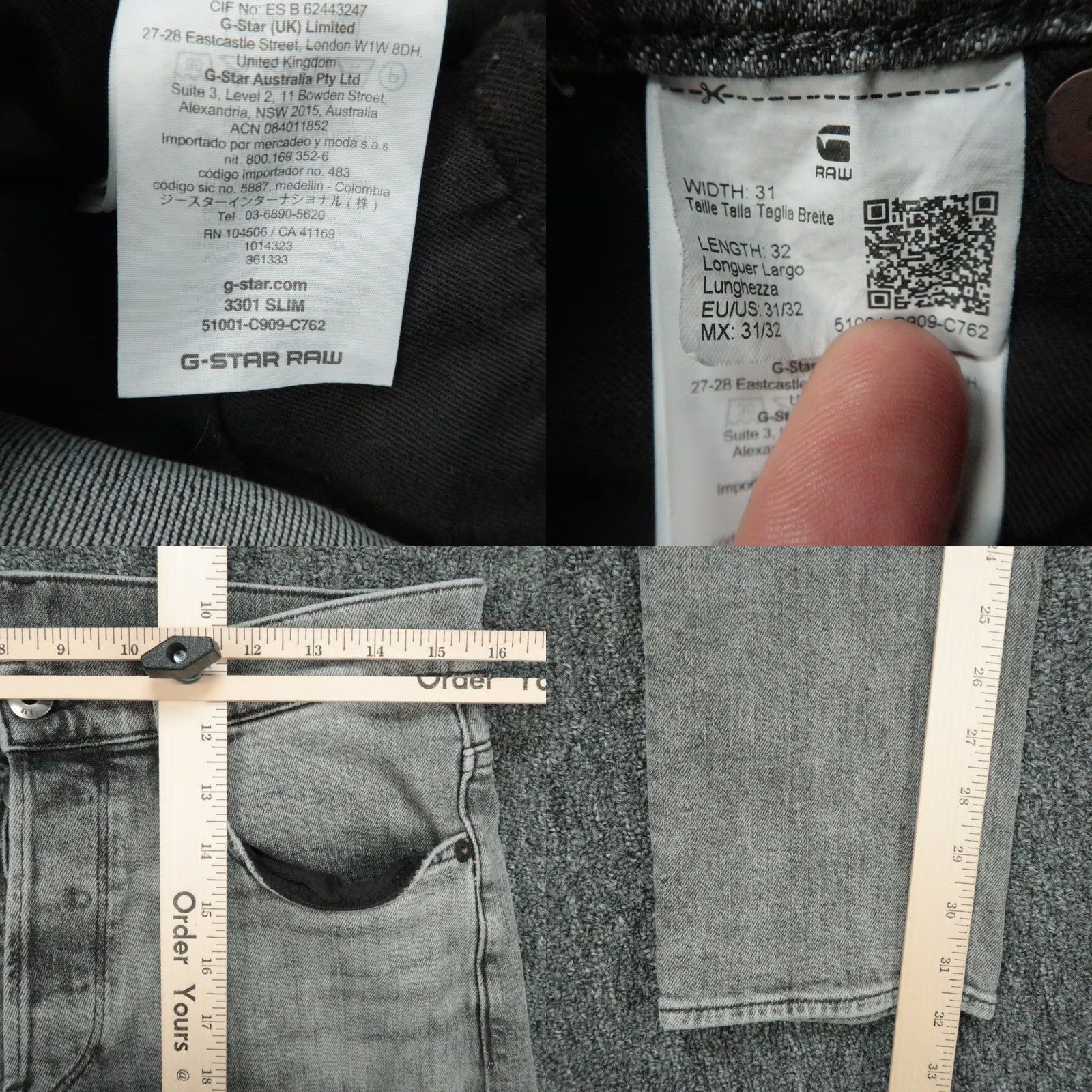 G-Star G-Star 3301 Jeans Mens Slim Straight Denim 5-Pocket Button Fly Gray 31x32 Regular Baggy? Size US 31 - 8 Thumbnail