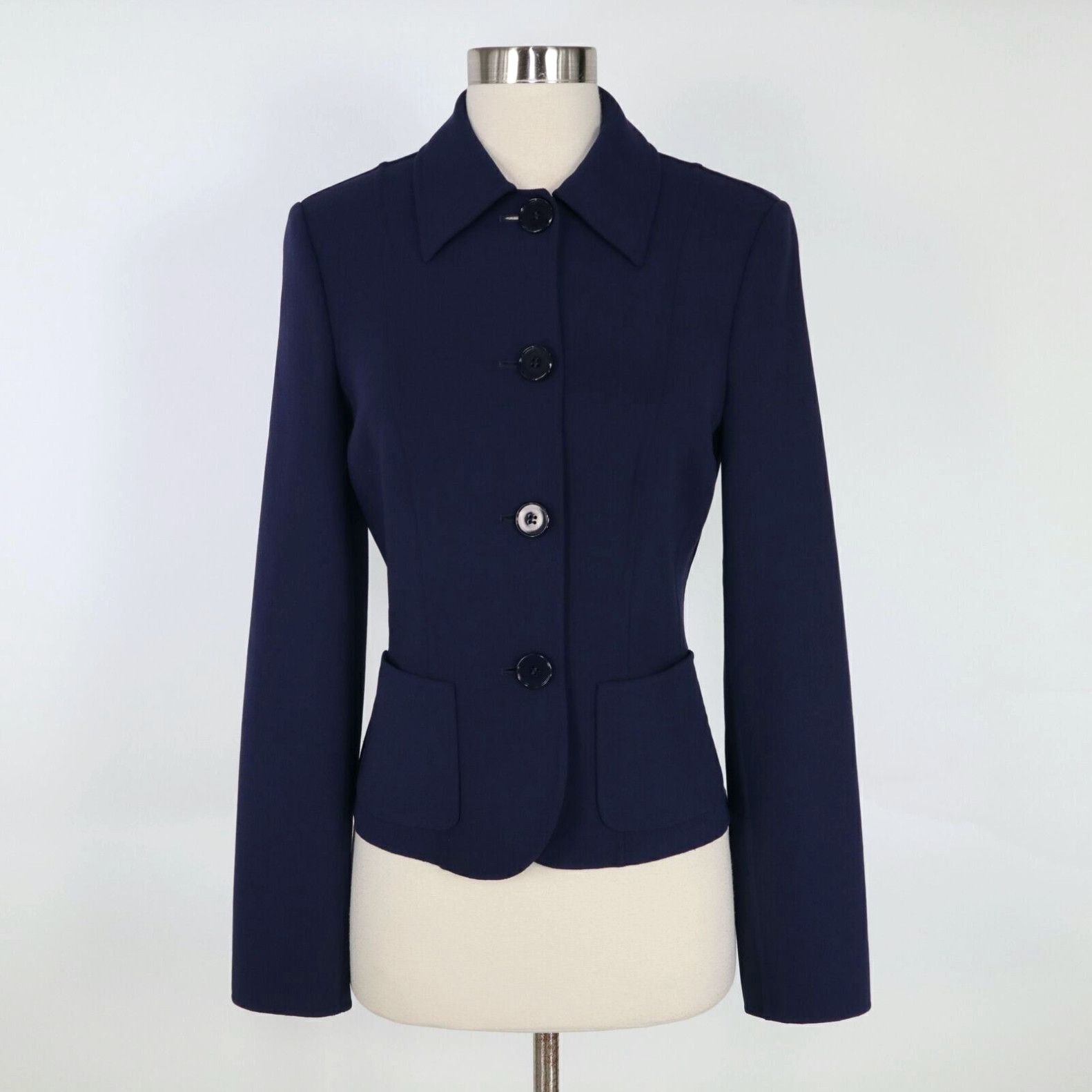 image of Michael Kors Collection Blazer Jacket Womens 4 Navy Blue Wool Stretch Career in White (Size Small)