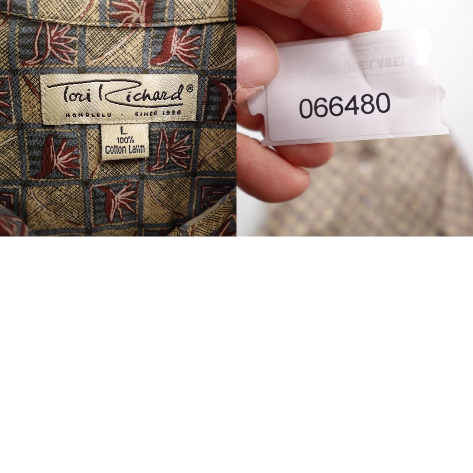 Tori Richard VINTAGE Tori Richard Shirt Mens Large Beige Cotton Lawn Hawaiian Aloha Button-Up Camp Shirt Geometric Beach 1990s Mens Size US L / EU 52-54 / 3 - 8 Thumbnail