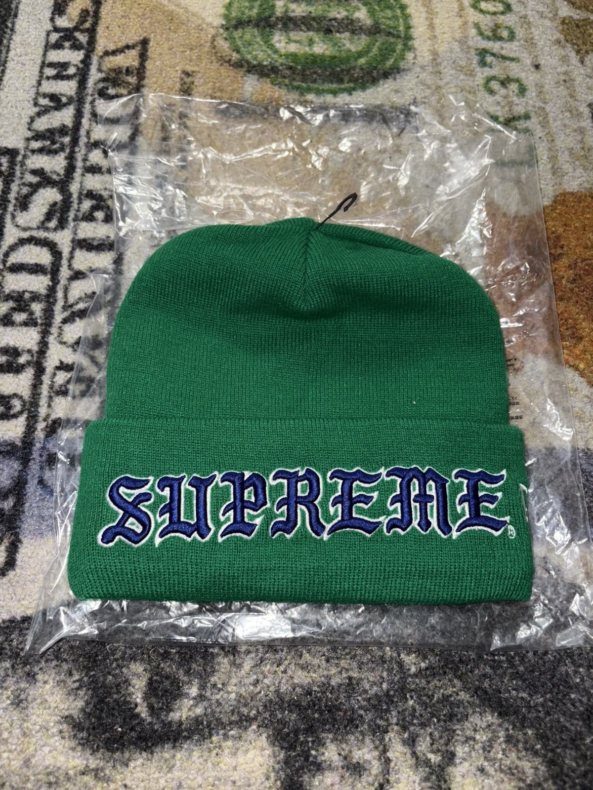 New Era × Supreme Supreme New Era Old English Beanie Green | Grailed