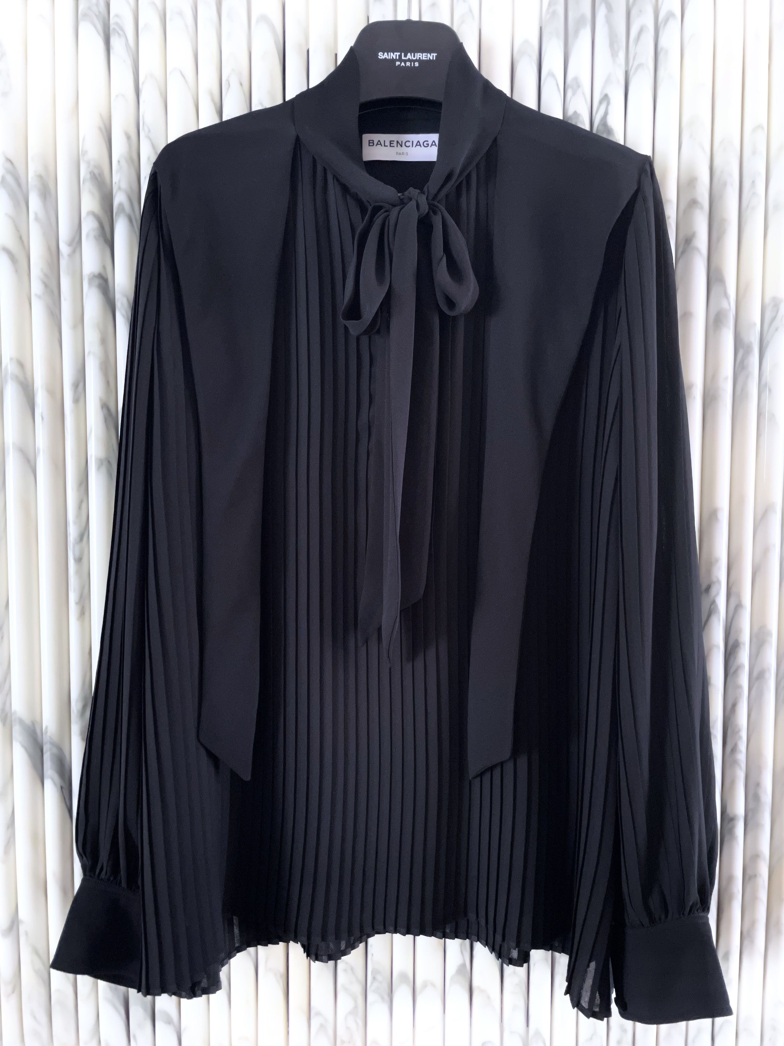 image of Balenciaga Pussy Bow Lavaliere Bow Tie Pleated Shirt in Black, Men's (Size Medium)