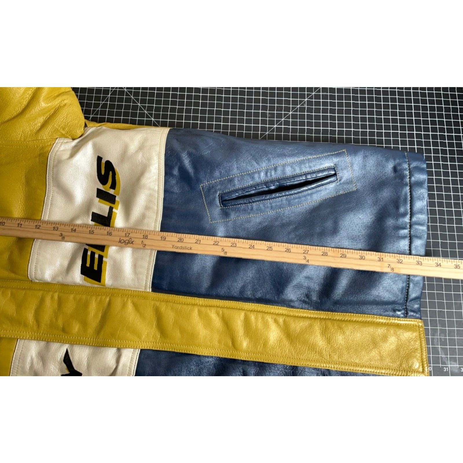 Perry Ellis America Leather Jacket Bomber Adult M Yellow Blue Striped 90s Hip Hop Vintage Mens