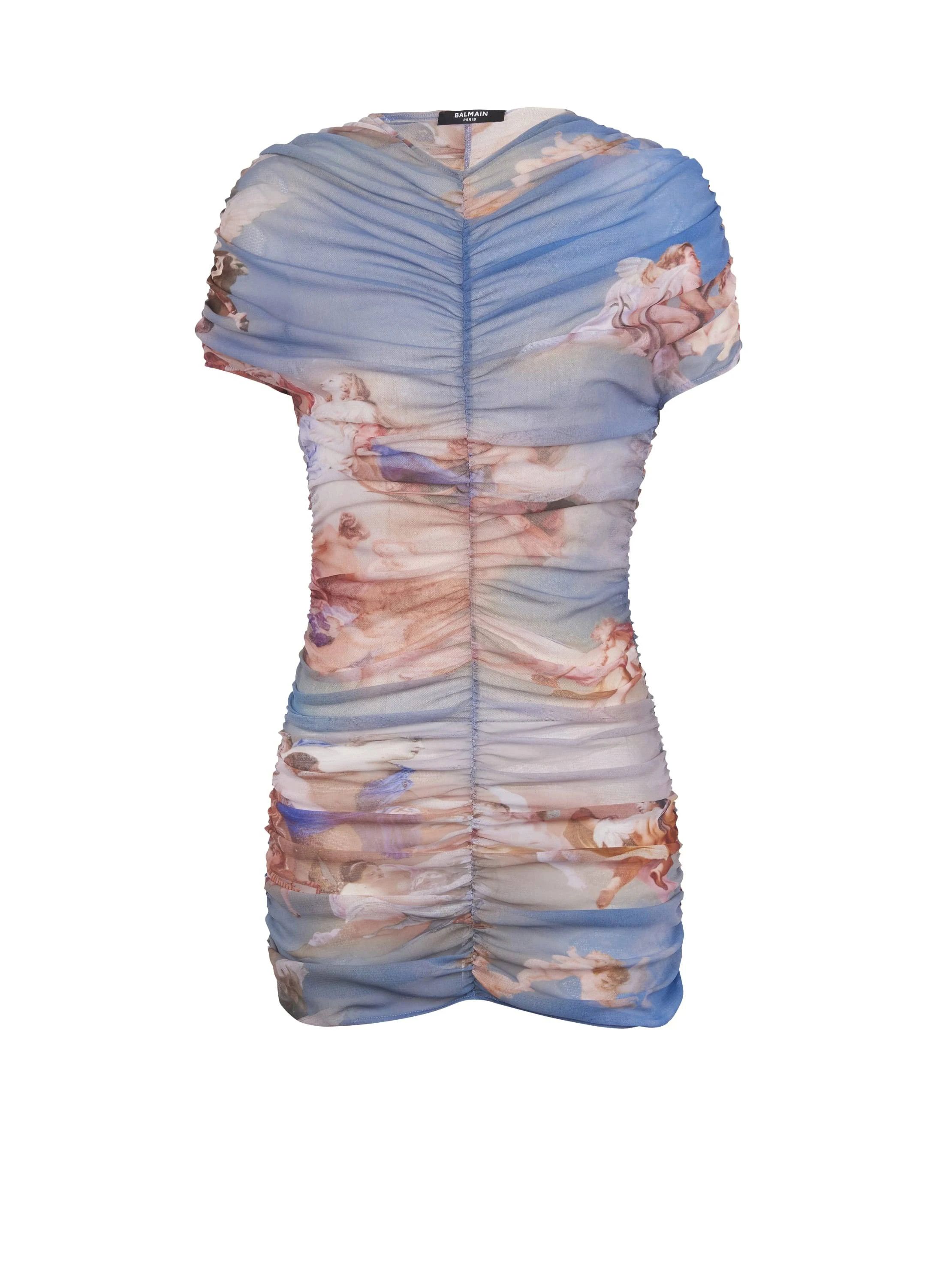 image of Balmain O1Srvl11E0524 Sky Printed Tulle Dress In Multicolor, Women's (Size Small)