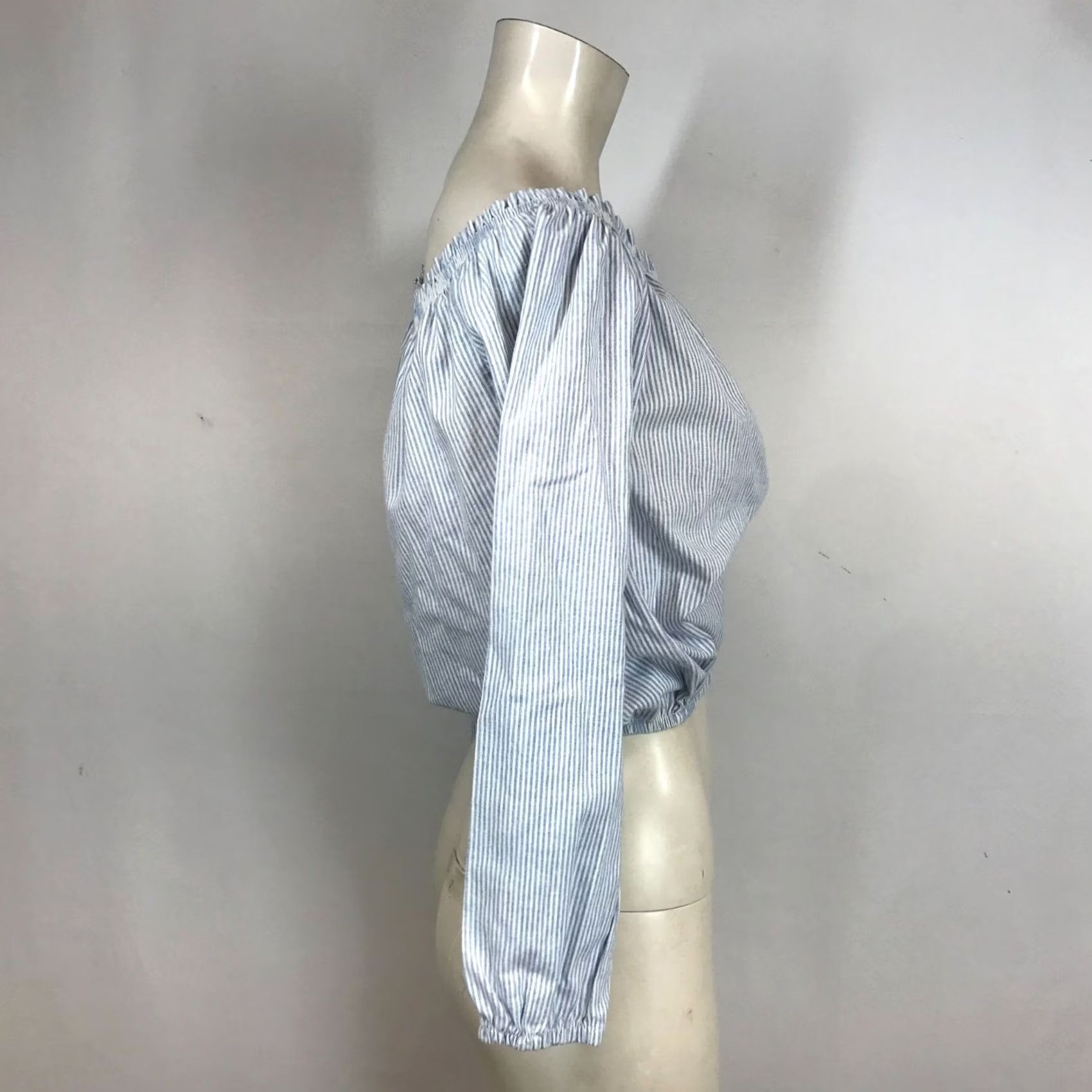 Vintage JOHN GALT Womens M/L Blue/White Stripe Long Sleeve Elastic Crop Top Size M / US 6-8 / IT 42-44 - 4 Thumbnail