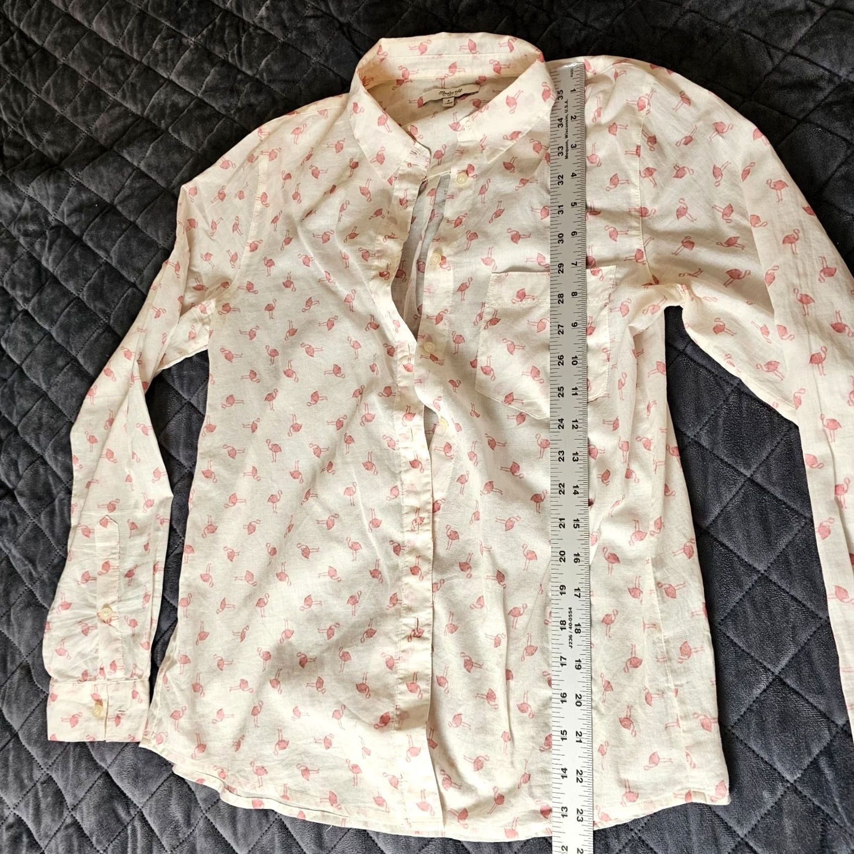 Madewell Madewell Pajama Top Shirt White Flamingo Print V-Neck Long Sleeve Button-Up Pocket Side Slit M/L? (Size S) Size S / US 4 / IT 40 - 4 Thumbnail
