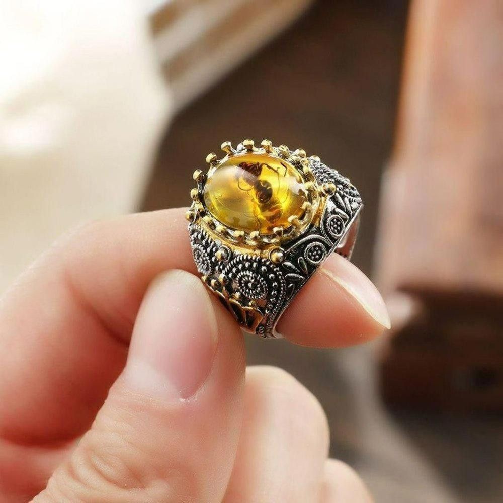 Designer Men's Royal King Crown Amber Ant Fossil Insect Ring - Size 8 Size ONE SIZE - 8 Thumbnail