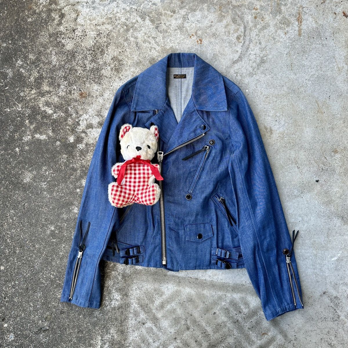 image of Kapital x Kapital Kountry Storm Rider Stuffed Teddy Bear Biker Studded Jewel Jacket in Indigo Blue 