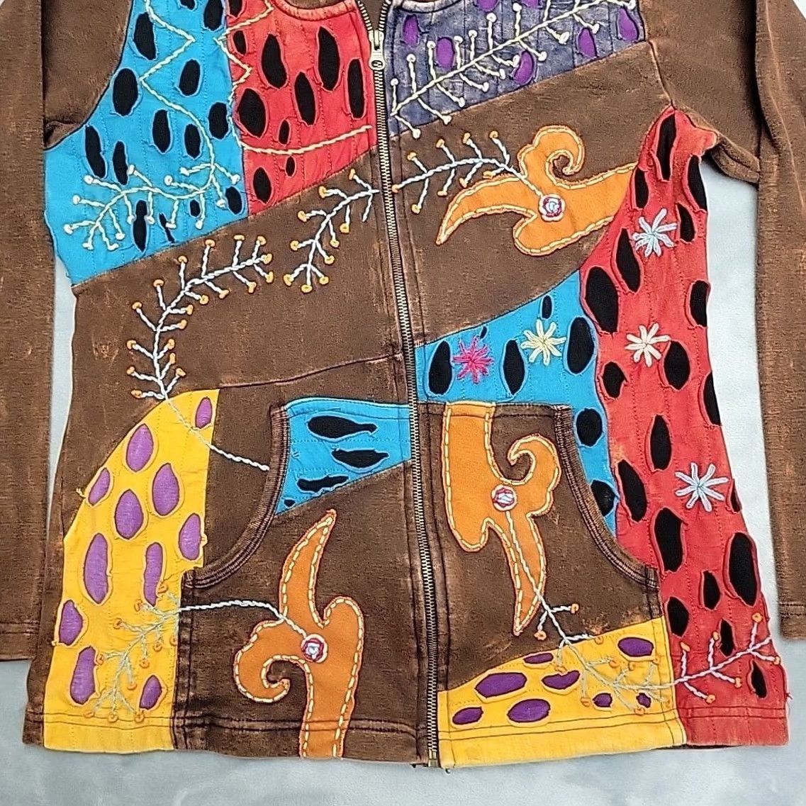 Vintage Rising International Hoodie Women Large Brown Full Zip Patchwork Boho Hippie Size L / US 10 / IT 46 - 2 Thumbnail