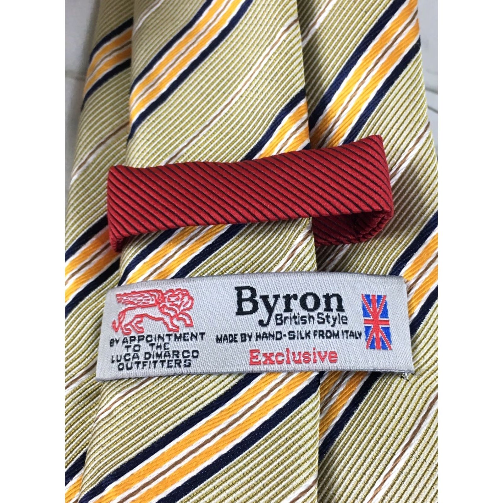 Vintage Byron Luxury Silk Tie Italy Striped Gold Mens 60" x 3" Style Exclusive British Size ONE SIZE - 4 Thumbnail