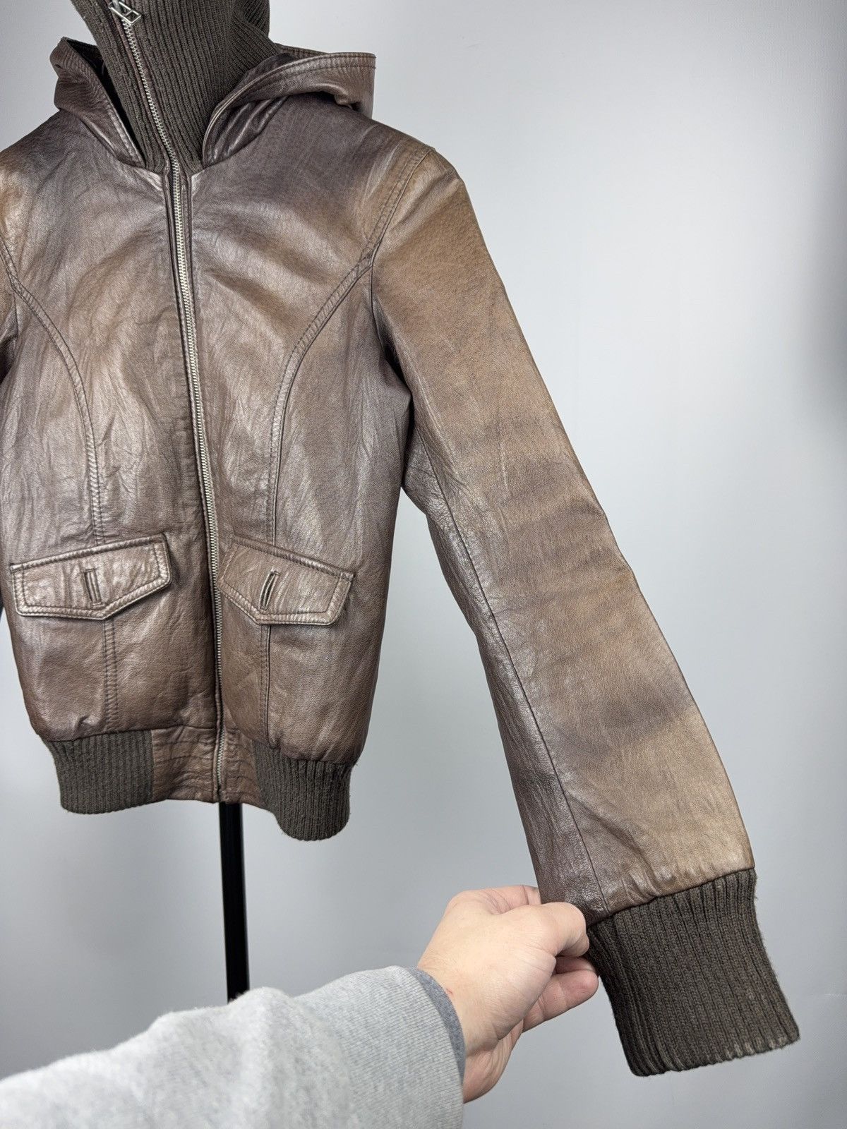 Japanese Brand 90s Retro Avant Garde Brown Leather Hooded Aviator Jacket Size XS / US 0-2 / IT 36-38 - 5 Thumbnail
