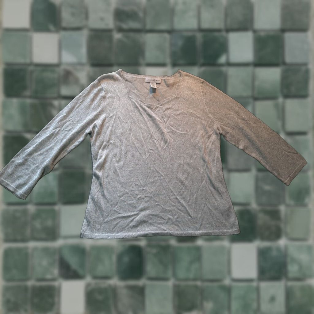 Vintage Sag Harbor Women's Sweater XL Silver Knit Lightweight Acrylic Polyester Metallic Cardigan Cap Sleeve Pullover Open-Knit Short Sleeve Vintage No Size XL / US 12-14 / IT 48-50 - 1 Thumbnail