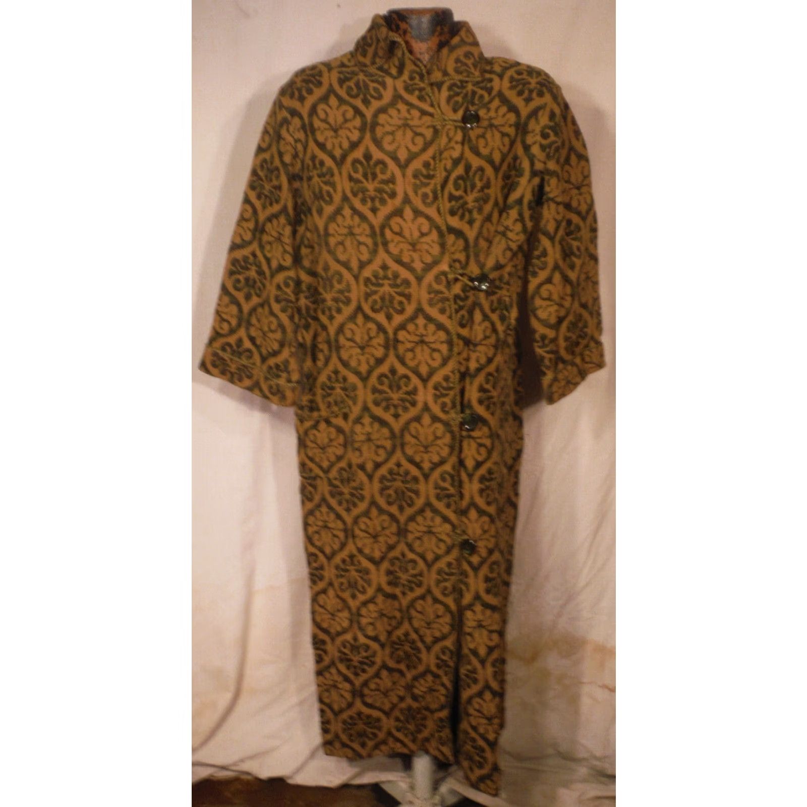 Vintage VINTAGE Womens Heavy Cotton Fleur De Lis Robe Green Marble Buttons Size Large Size ONE SIZE - 5 Thumbnail