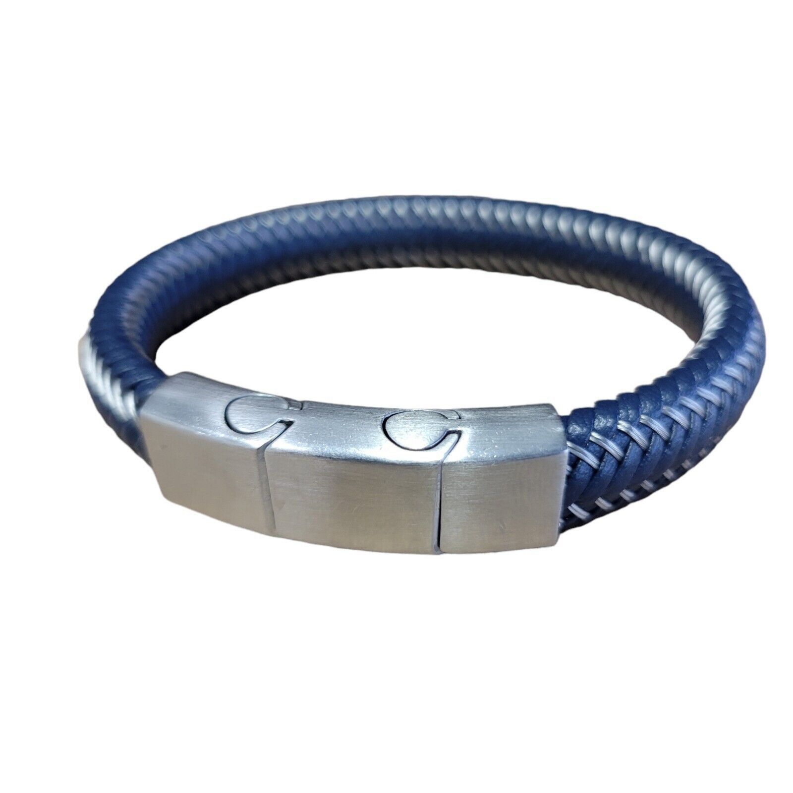 Macys Men's Simone Blue Leather Braided Bracelet In Stainless Size ONE SIZE - 3 Thumbnail