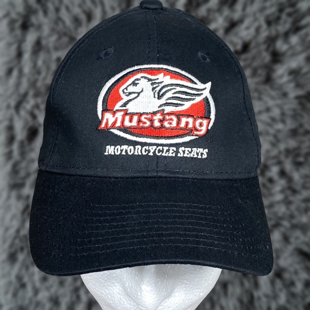 Vintage MUSTANG MOTORCYCLE SEATS Baseball Cap Hat Adjustable Strap Black 100% Cotton Men One Size Velcro Logo Advertising Memorabilia Size ONE SIZE - 1 Thumbnail