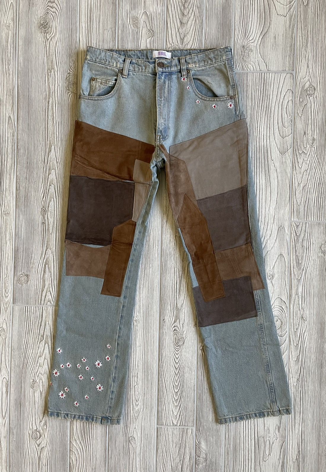 image of Erl Suede Distressed Embroidered Denim in Blue, Men's (Size 30)