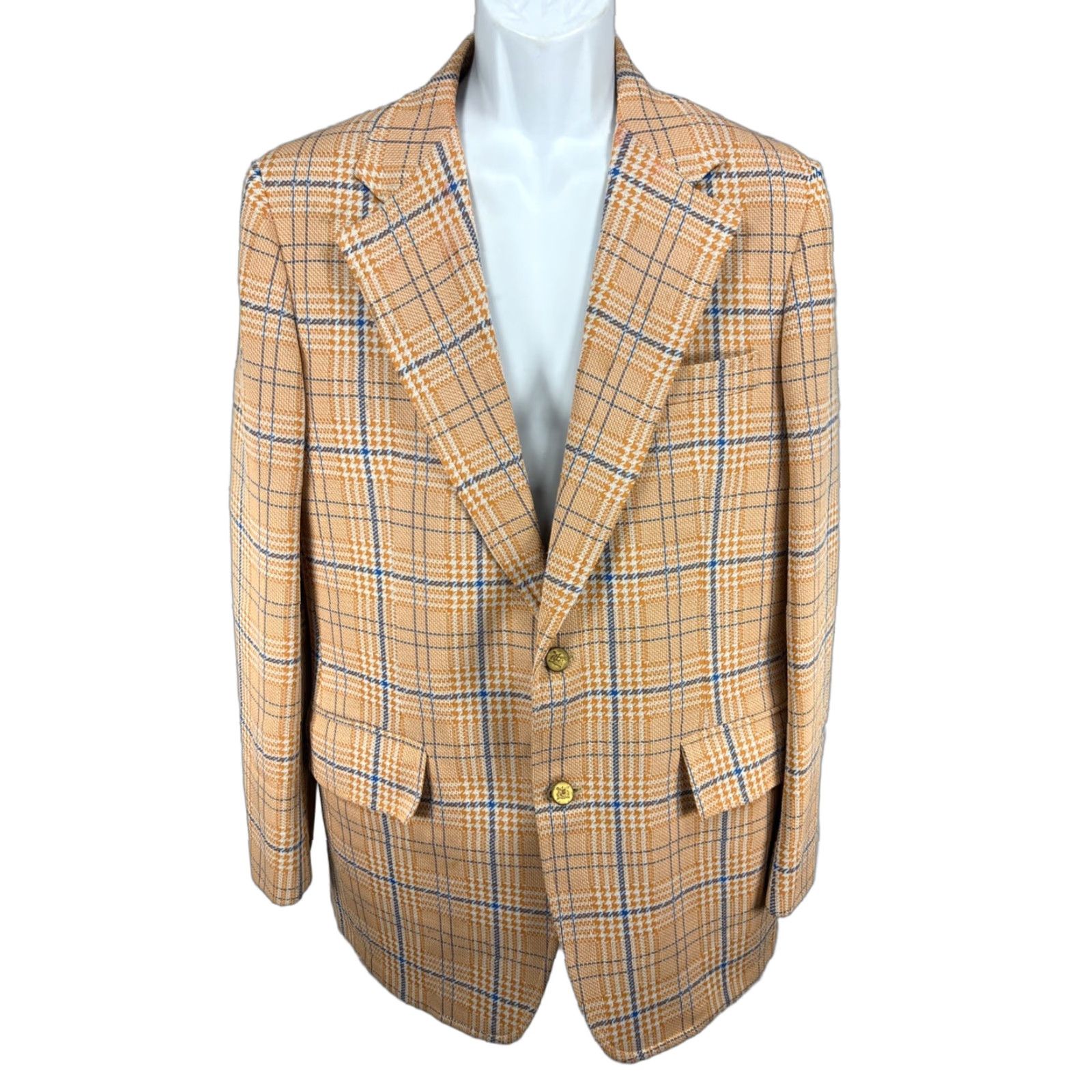 VTG Izod Blue Orange Houndstooth Single-Vented Notch 70s Blazer Sport Coat 40 Mens Regular Chest 42