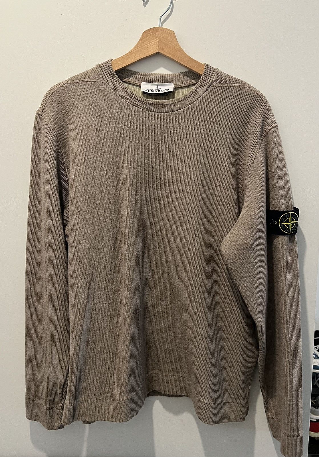 image of Stone Island Logo Patch Fleece Sweatshirt in Beige, Men's (Size Large)