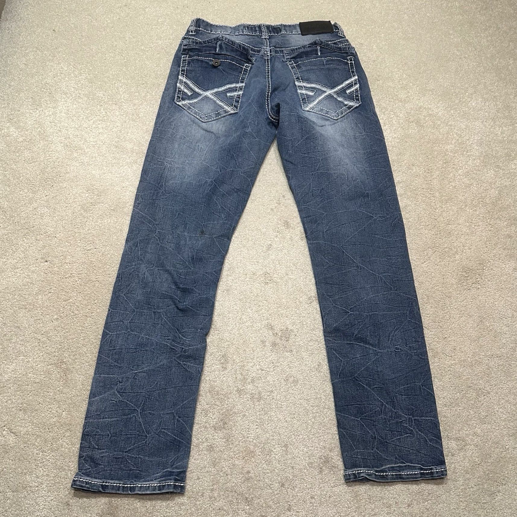 Vintage True Luck Jeans Mens 30X32 Straight Blue Stretch Denim 5-Pocket Regular Rise Distressed Cowboy Logo USA Size US 30 / EU 46 - 3 Thumbnail