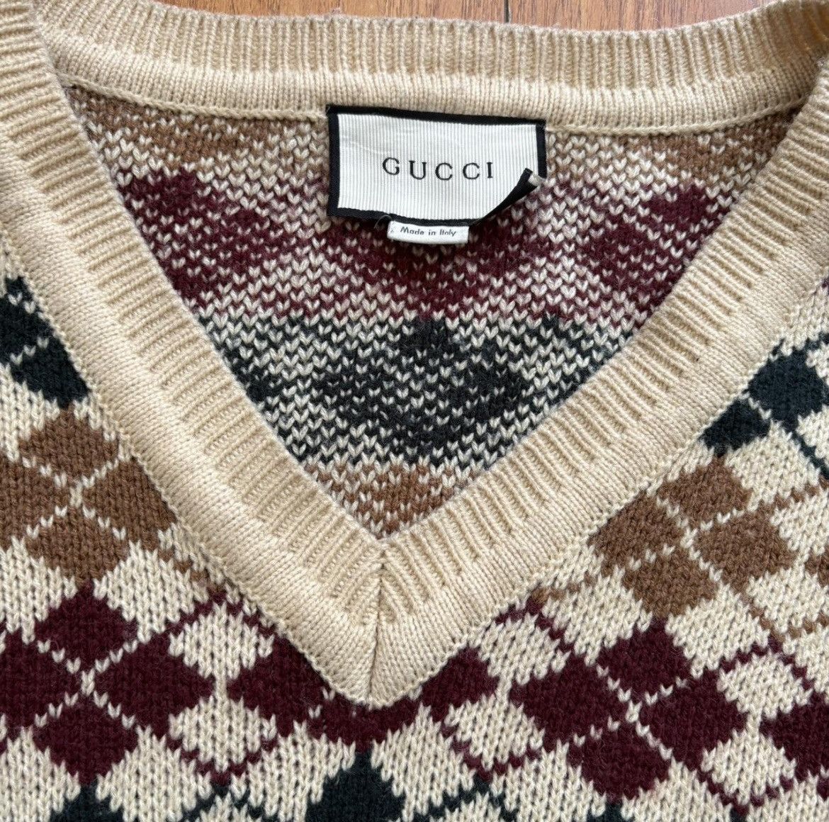 Gucci Gucci Beige Argyle V Neck Size US L / EU 52-54 / 3 - 2 Thumbnail