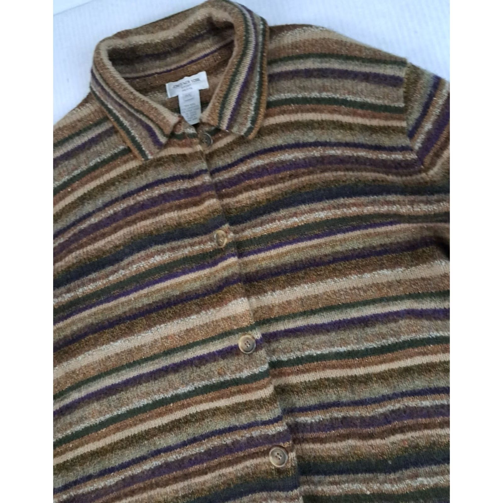 Jones New York VINTAGE Jones New York Cardigan Sweater, Striped, Wool, Full Button, Brown, Long Sleeve, Collared, Regular, Women, Size S, Dry Clean Only Size S / US 4 / IT 40 - 5 Thumbnail