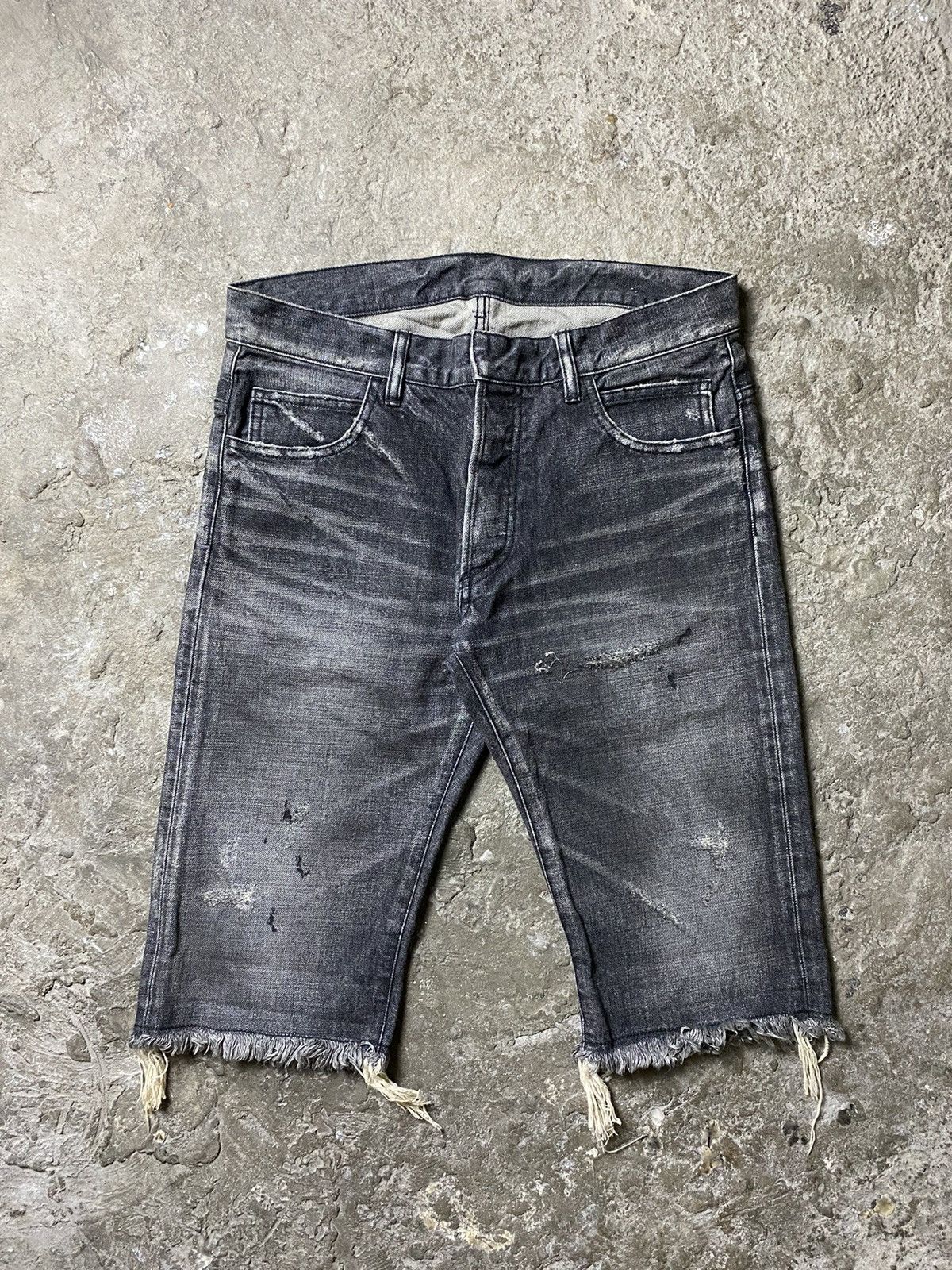 image of Balmain Distressed Denim Shorts in Washed Black, Men's (Size 32)