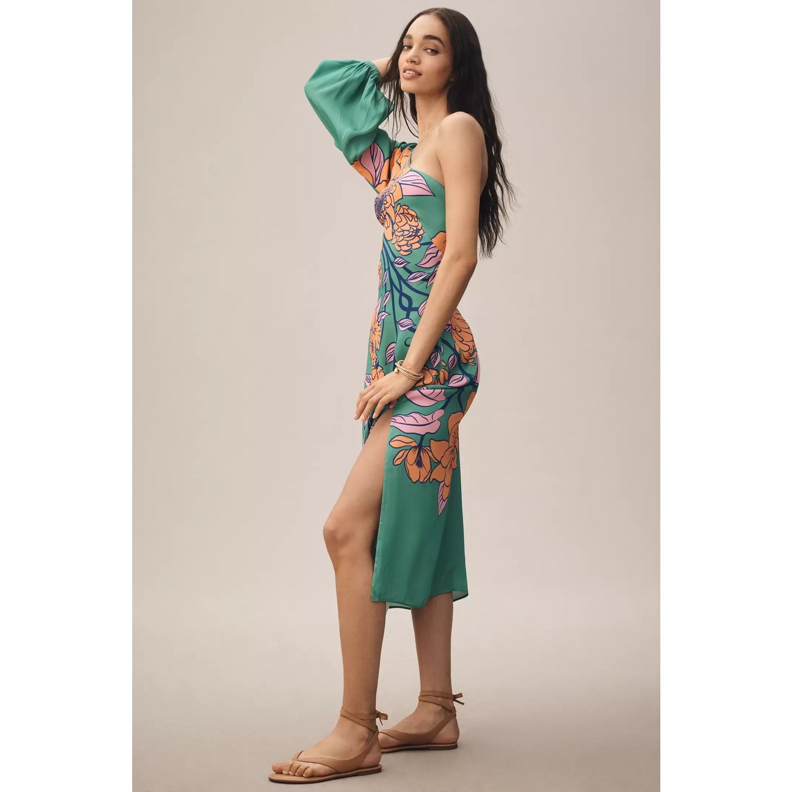 Anthropologie NWT Farm Rio One-Shoulder Floral Midi Dress $248 LP Green Size L / US 10 / IT 46 - 4 Thumbnail