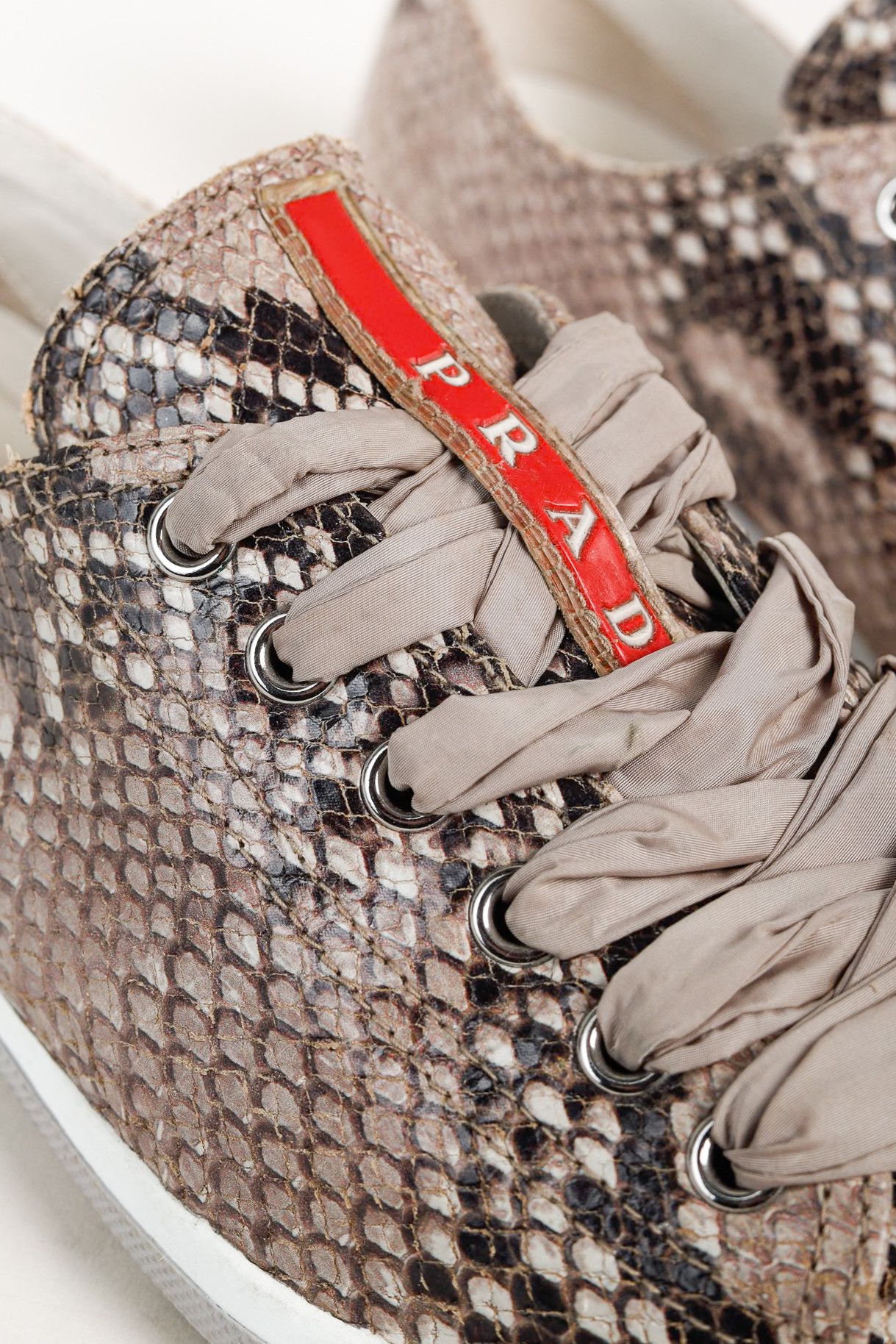 Prada Prada Red Label Taupe Snake Print Satin Ribbon Tied Sneakers Size US 7.5 / IT 37.5 - 7 Thumbnail