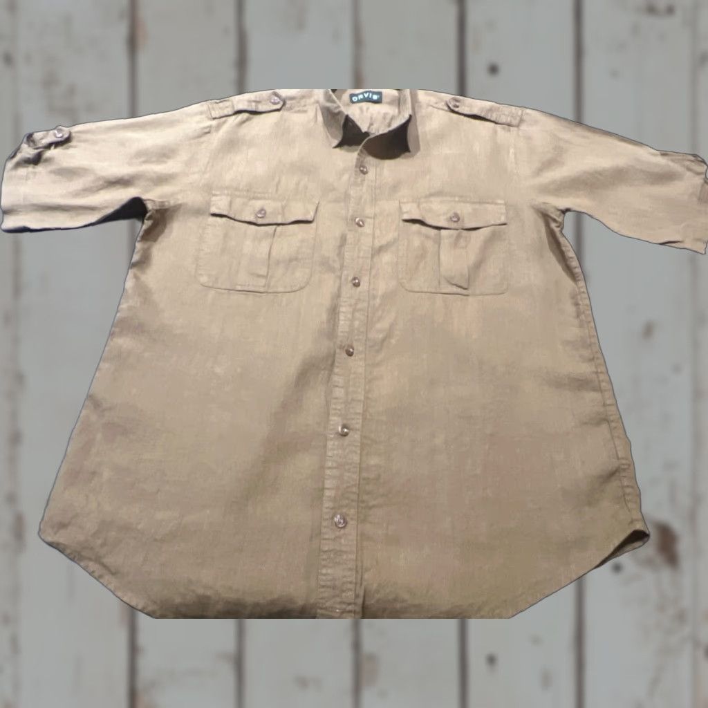 VINTAGE Orvis Shirt Button-Up Men L Brown Linen Military Outdoor Utility