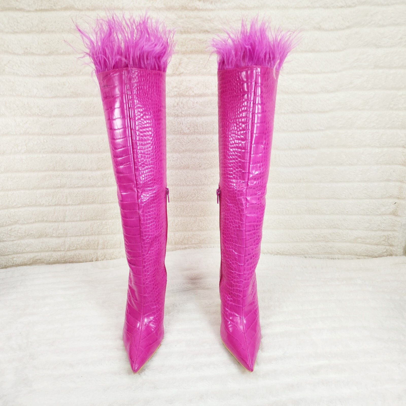 Other Flirty Fuchsia Pink Snake Texture Knee High Heel Stiletto Bo Size US 8.5 / IT 38.5 - 3 Thumbnail