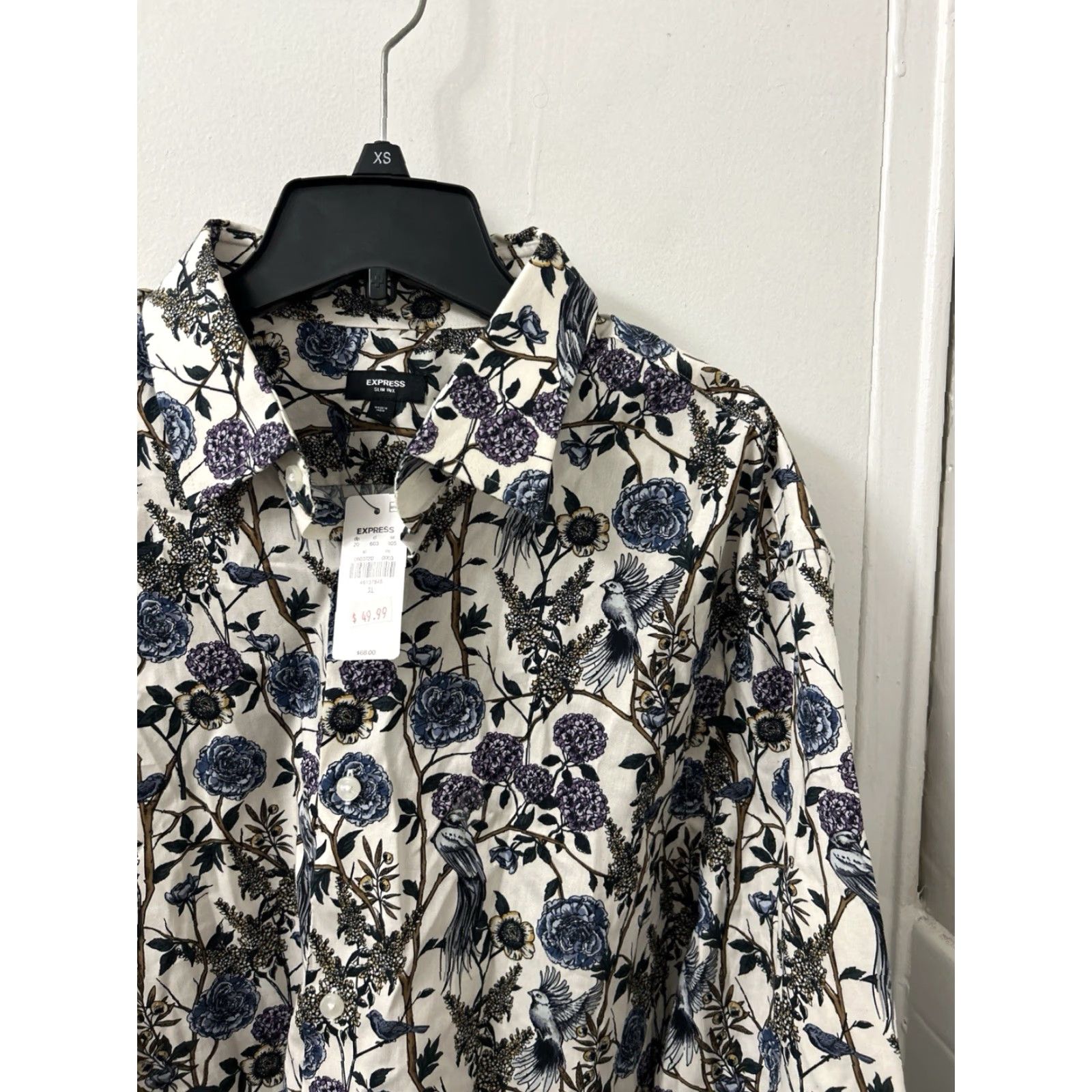 Express Express Shirt Mens XL White Slim Fit Floral Botanical Bird Print Button Down L/S Shirt Size US XL / EU 56 / 4 - 4 Thumbnail